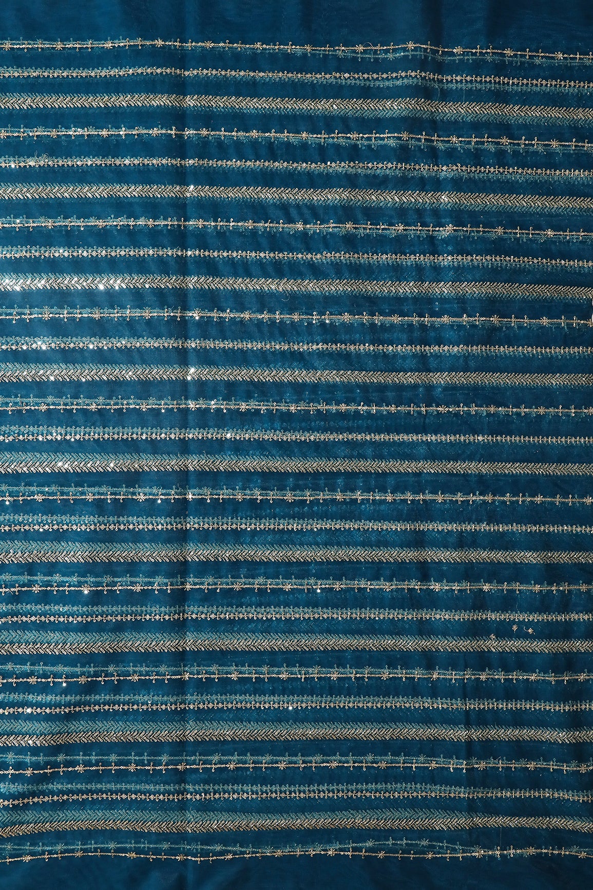 Gold Beads With Gold Sequins Beautiful Stripes Embroidery Work On Rama Soft Net Fabric