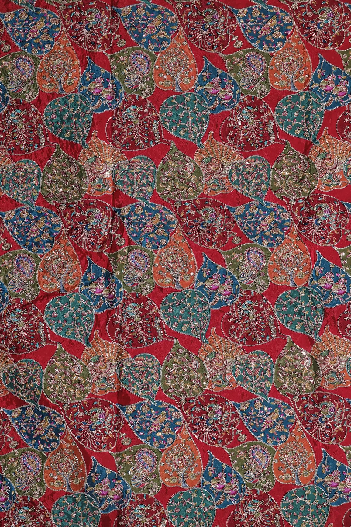 Positional Print with Zari And Sequins Heavy Embroidery Work On Red Pure Crepe Fabric