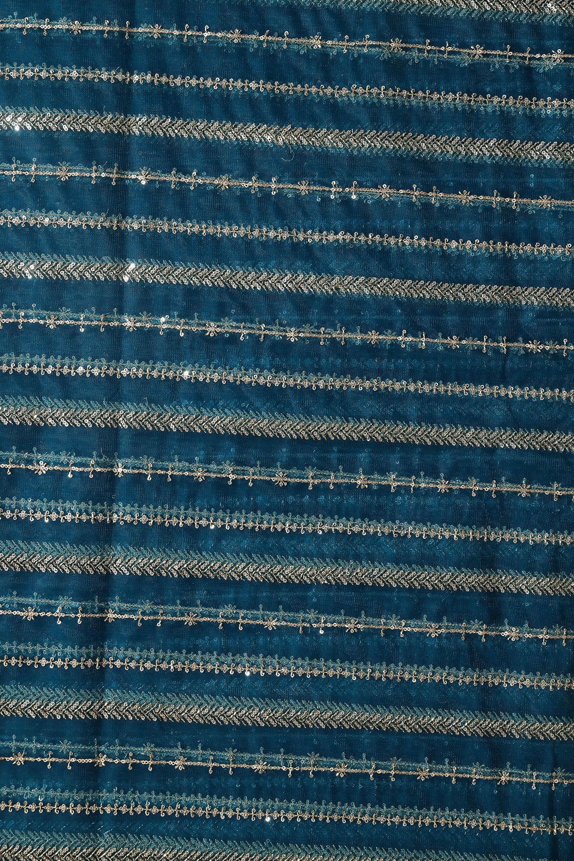 Gold Beads With Gold Sequins Beautiful Stripes Embroidery Work On Rama Soft Net Fabric