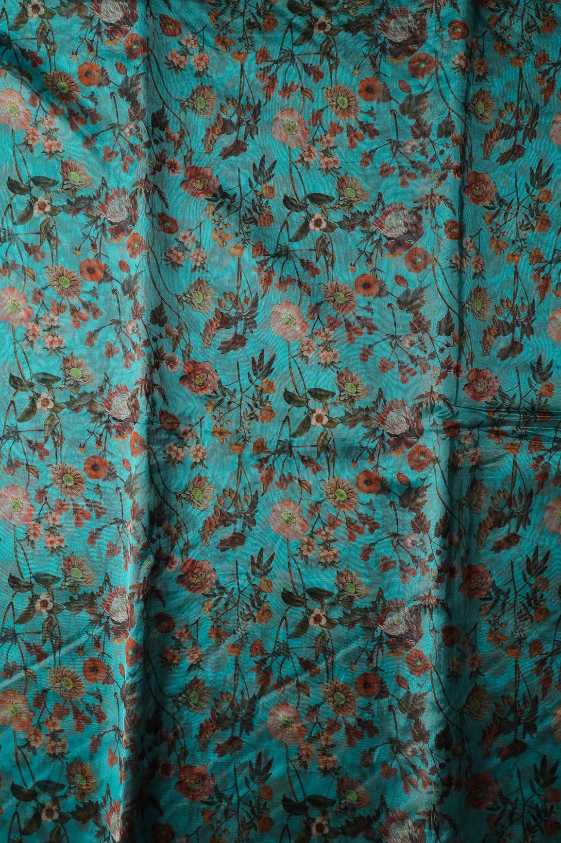 Orange Floral Pattern Digital Print On Rama Organza Fabric