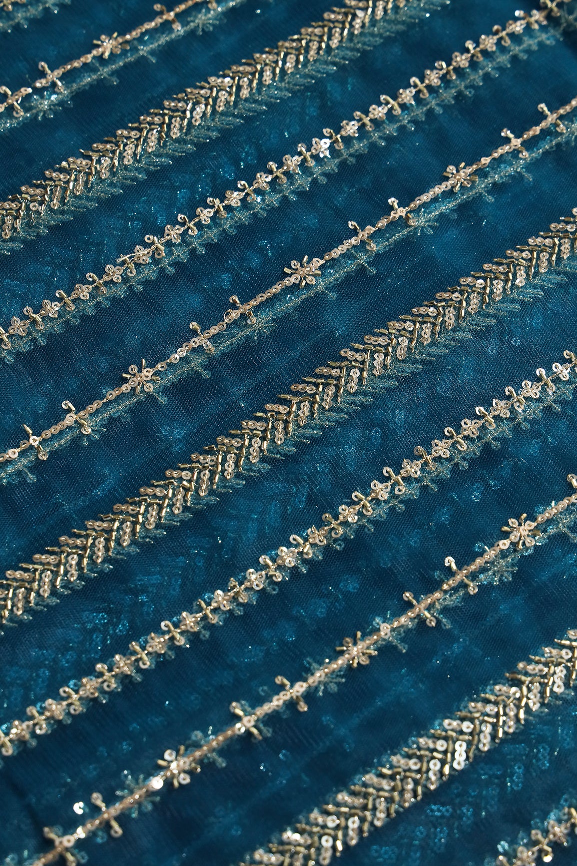 Gold Beads With Gold Sequins Beautiful Stripes Embroidery Work On Rama Soft Net Fabric