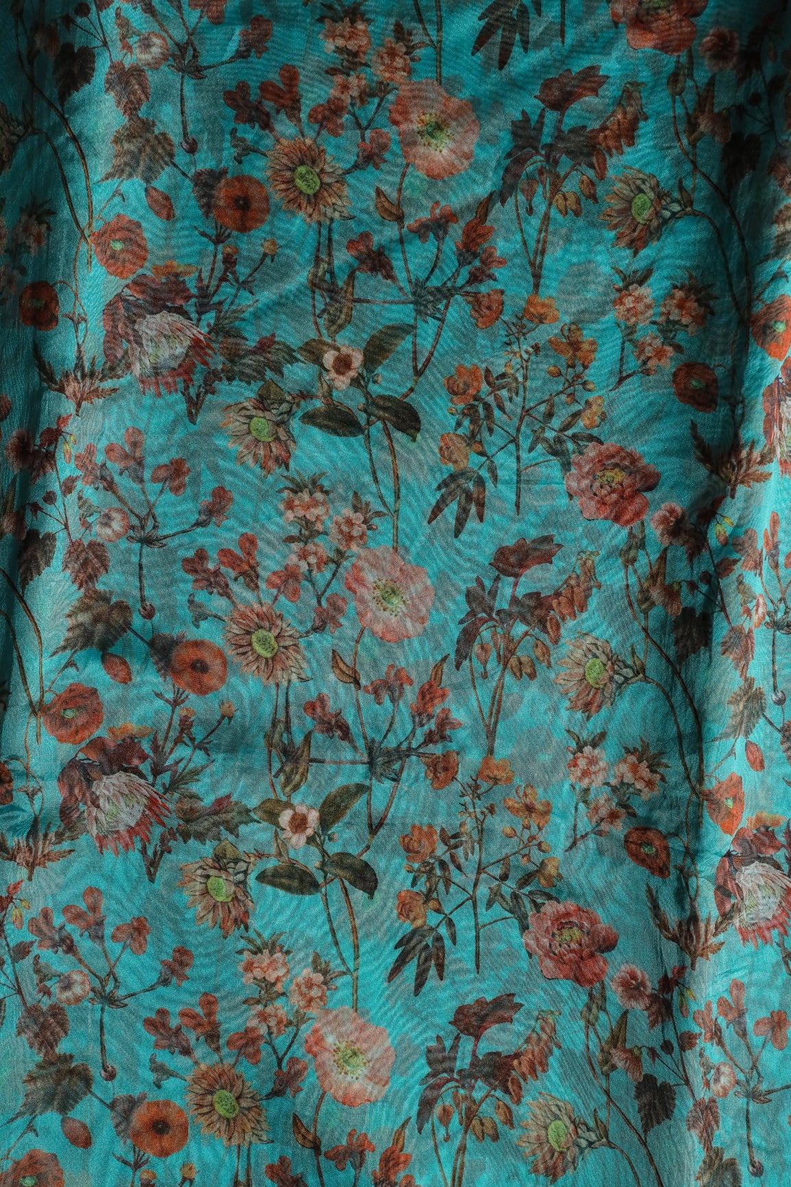 Orange Floral Pattern Digital Print On Rama Organza Fabric