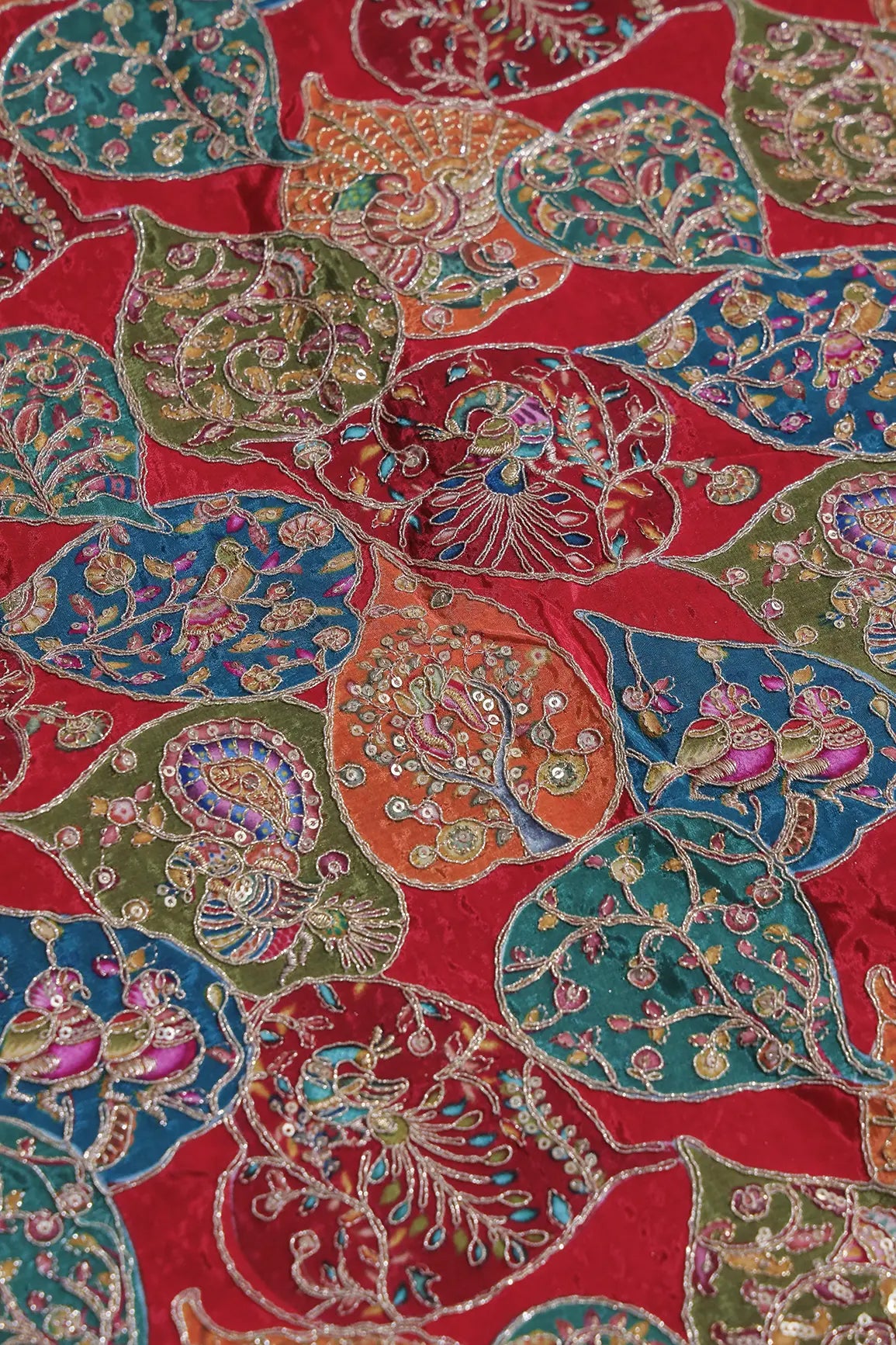 Positional Print with Zari And Sequins Heavy Embroidery Work On Red Pure Crepe Fabric