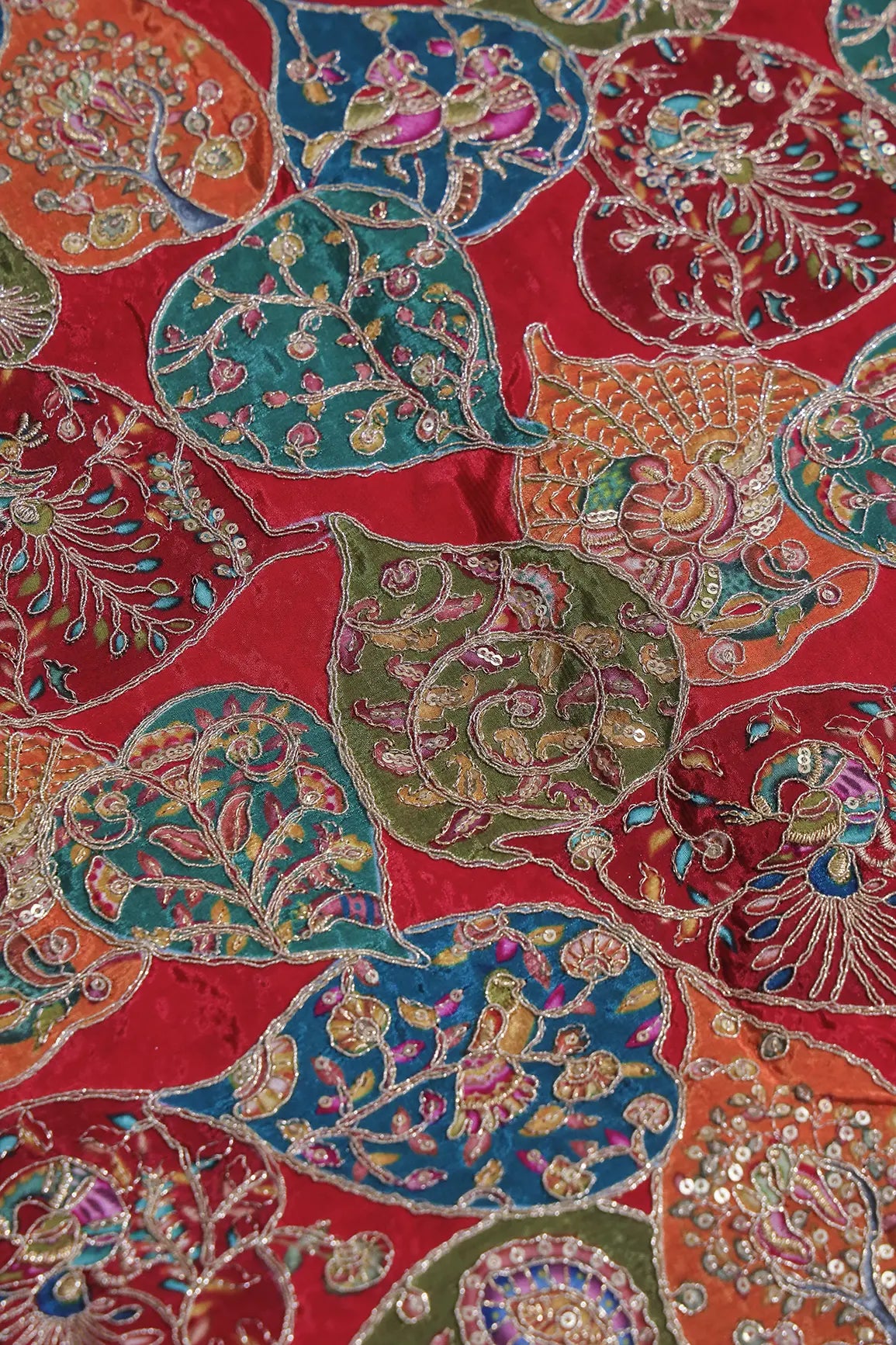 Positional Print with Zari And Sequins Heavy Embroidery Work On Red Pure Crepe Fabric