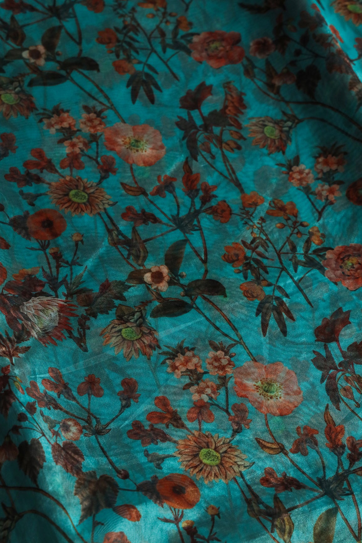 Orange Floral Pattern Digital Print On Rama Organza Fabric