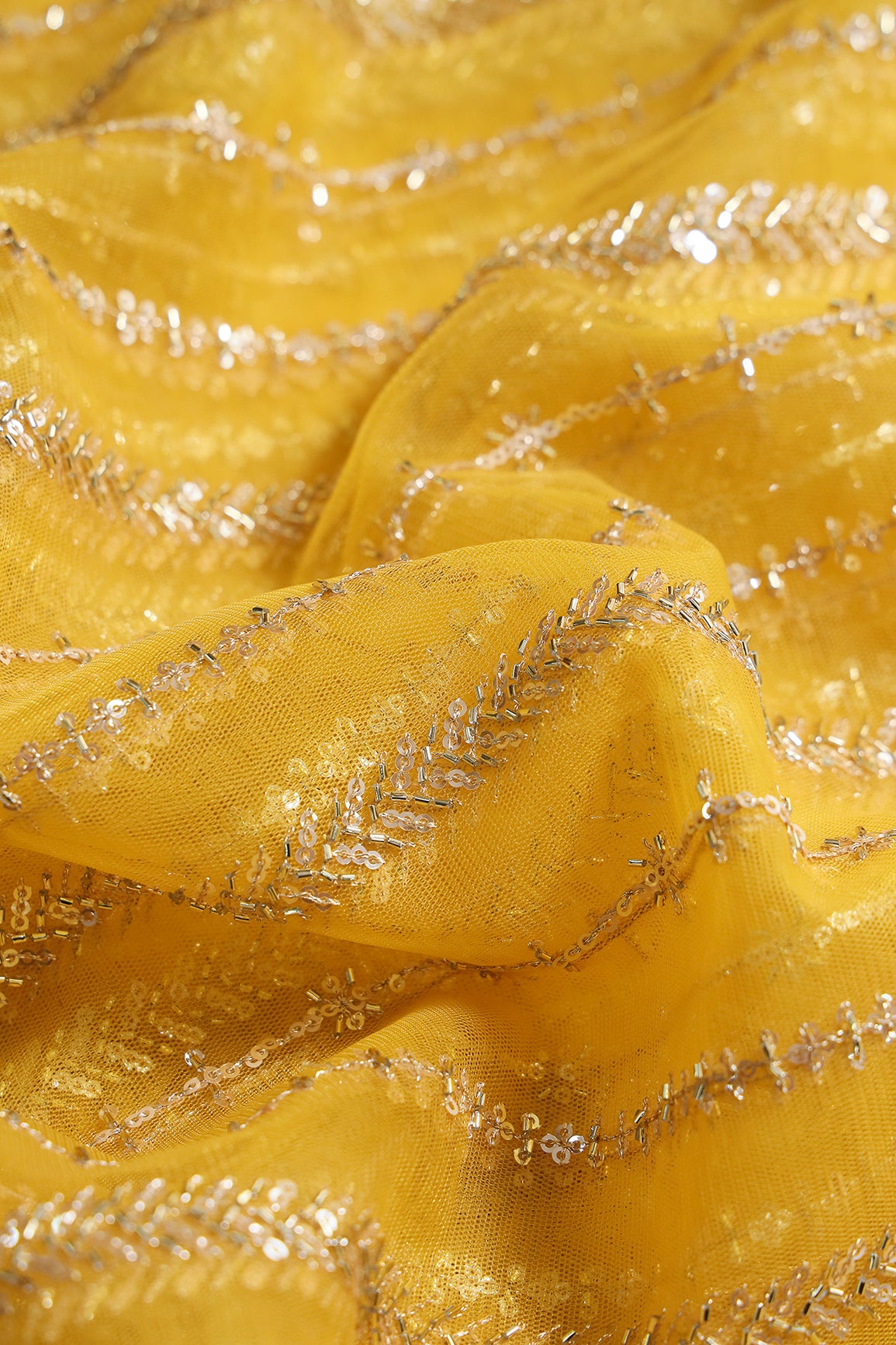 Gold Beads With Gold Sequins Beautiful Stripes Embroidery Work On Yellow Soft Net Fabric
