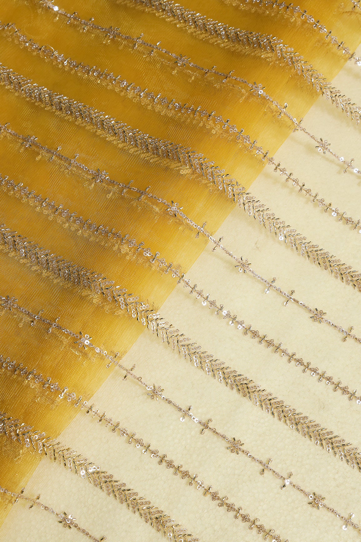 Gold Beads With Gold Sequins Beautiful Stripes Embroidery Work On Yellow Soft Net Fabric