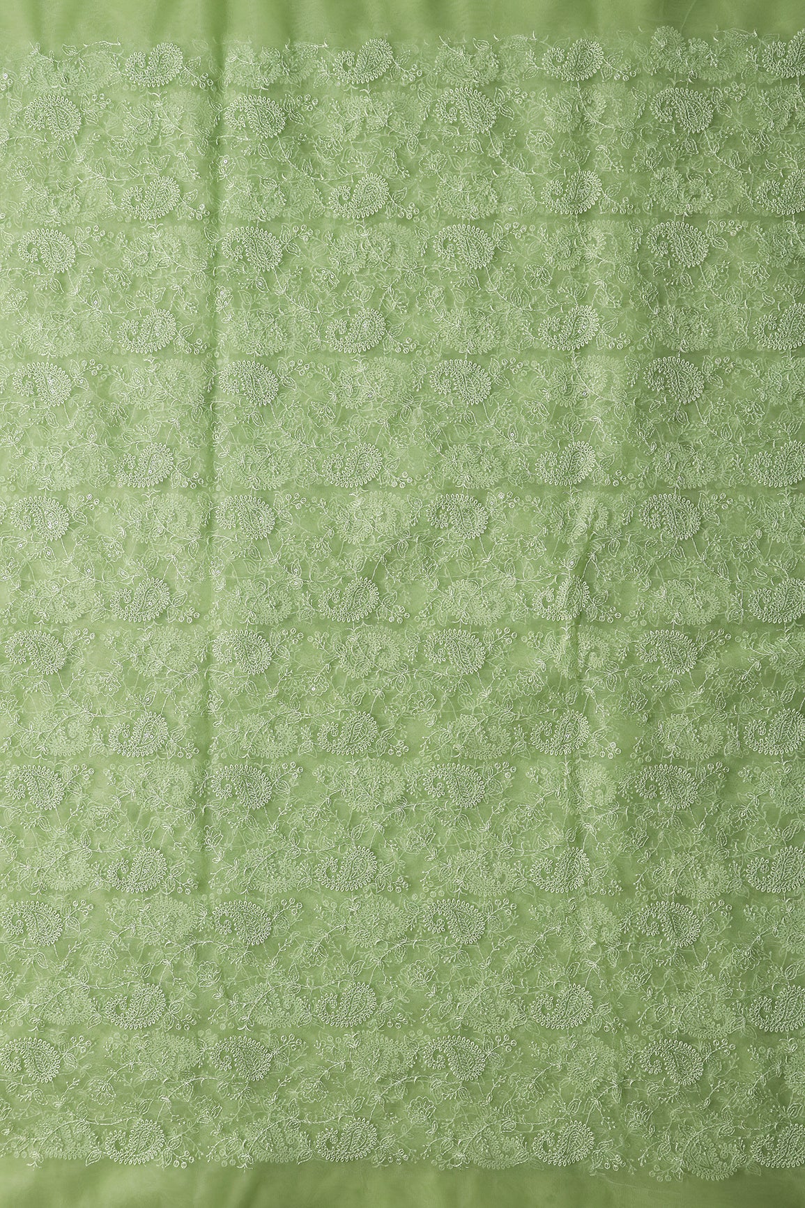 Parrot Green Thread With Water Sequins Floral Paisley Embroidery Work On Parrot Green Soft Net Fabric