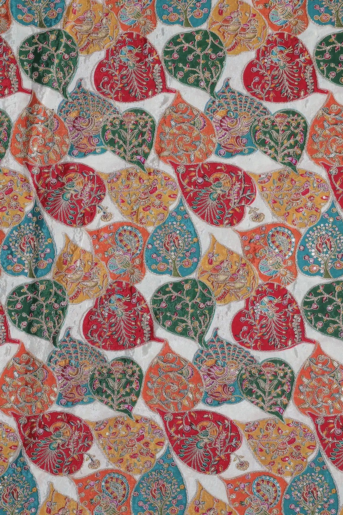 Positional Print with Zari And Sequins Heavy Embroidery Work On White Pure Crepe Fabric