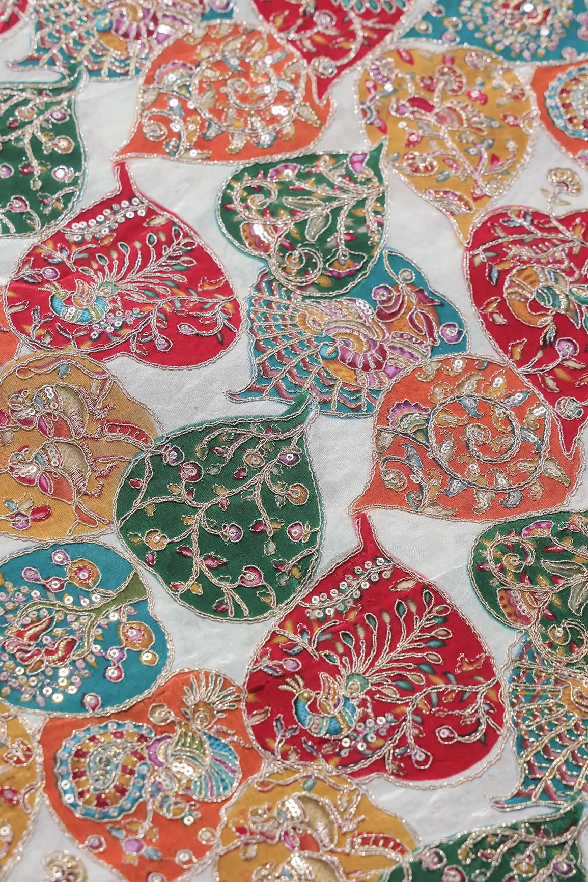 Positional Print with Zari And Sequins Heavy Embroidery Work On White Pure Crepe Fabric