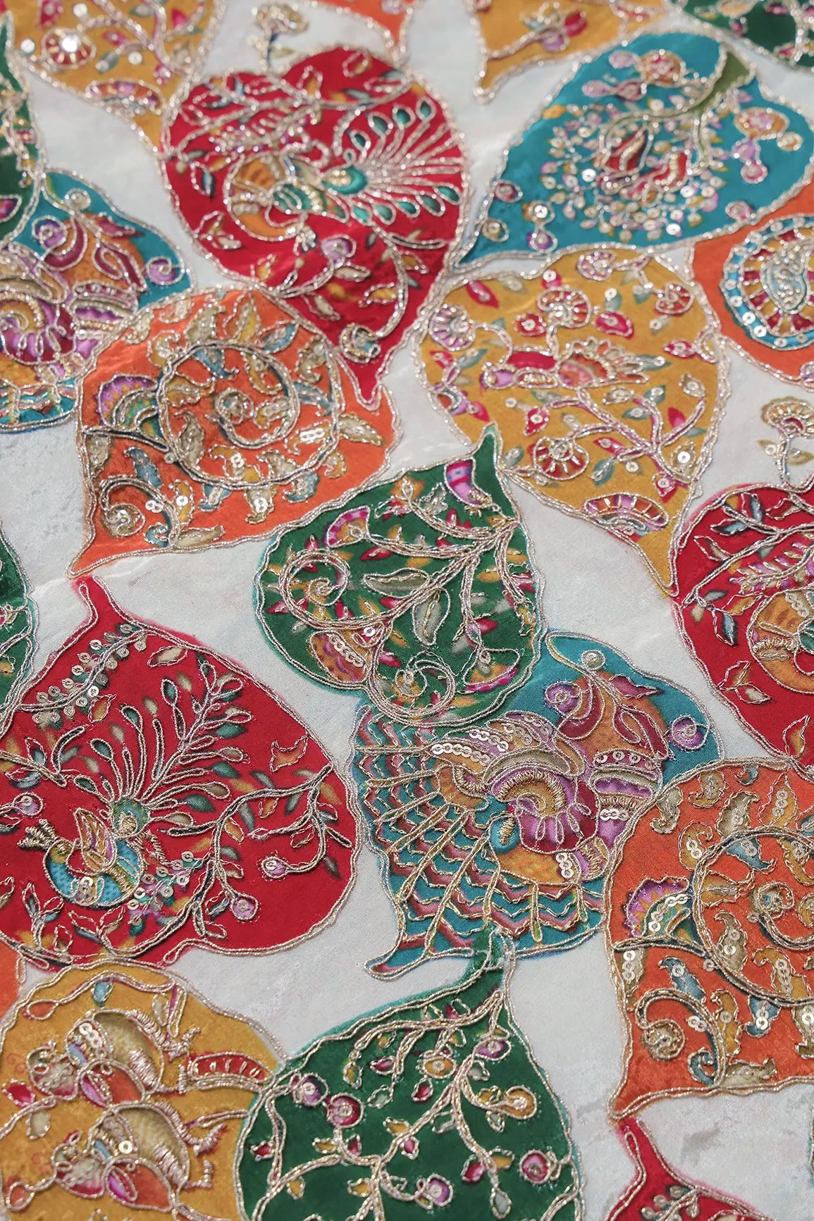 Positional Print with Zari And Sequins Heavy Embroidery Work On White Pure Crepe Fabric