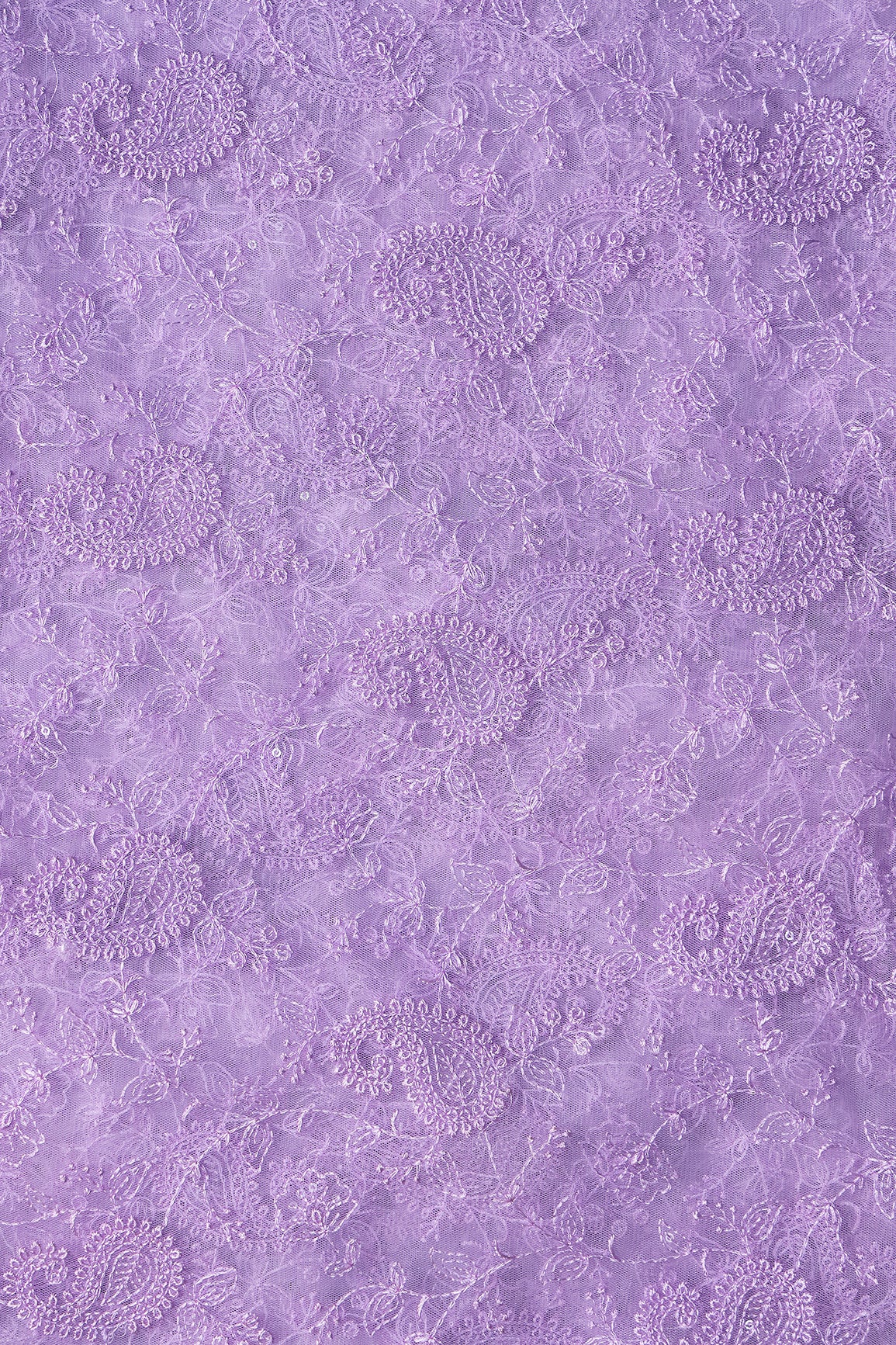 Lilac Thread With Water Sequins Floral Paisley Embroidery Work On Lilac Soft Net Fabric