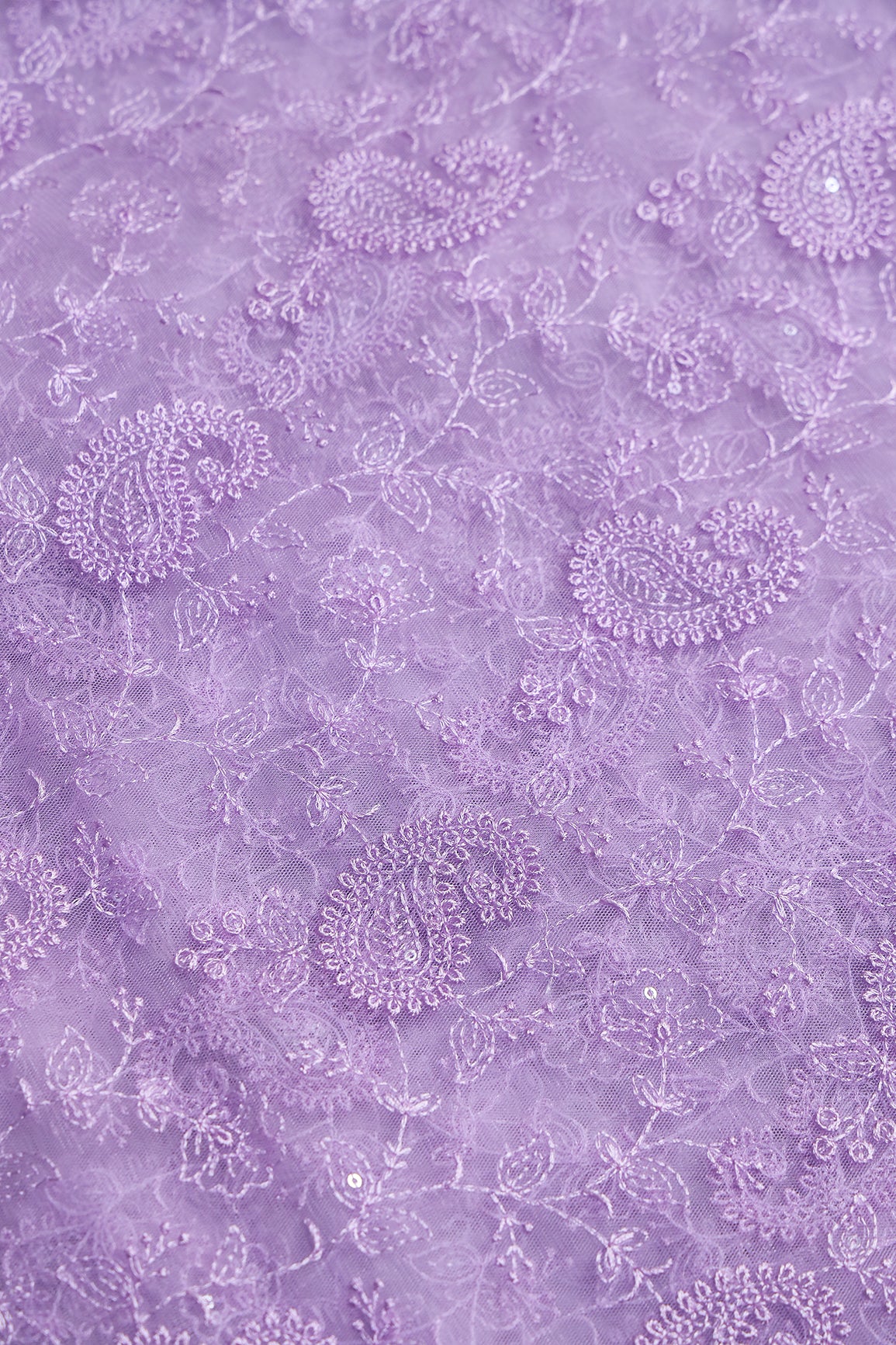 Lilac Thread With Water Sequins Floral Paisley Embroidery Work On Lilac Soft Net Fabric