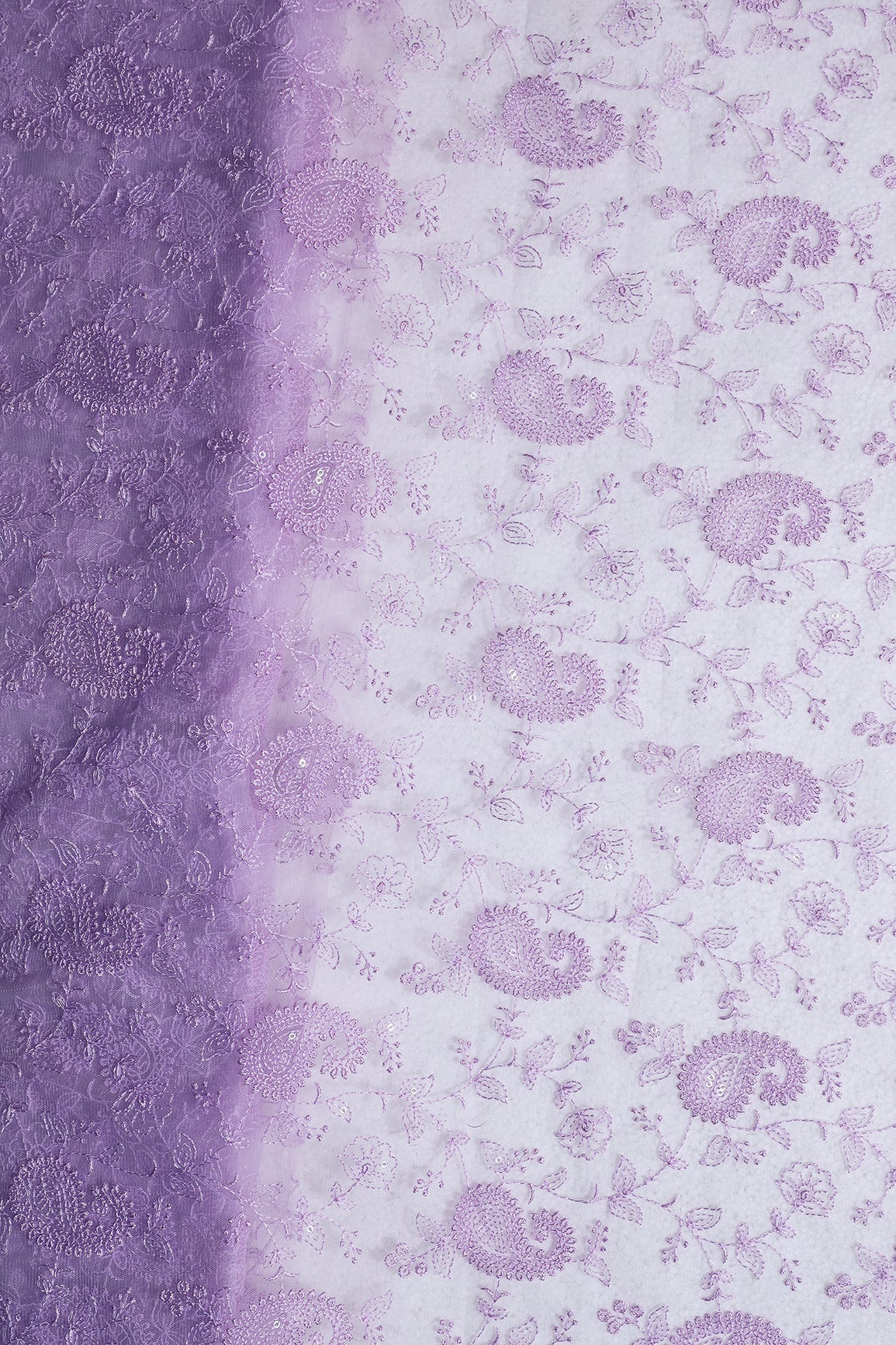Lilac Thread With Water Sequins Floral Paisley Embroidery Work On Lilac Soft Net Fabric