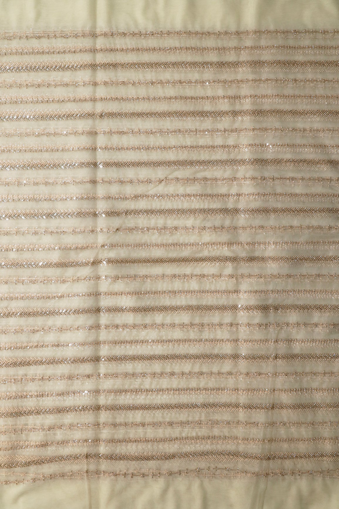 Gold Beads With Gold Sequins Beautiful Stripes Embroidery Work On Off White Soft Net Fabric