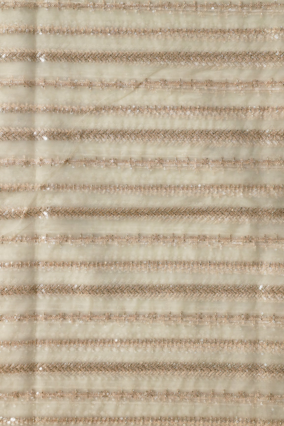 Gold Beads With Gold Sequins Beautiful Stripes Embroidery Work On Off White Soft Net Fabric