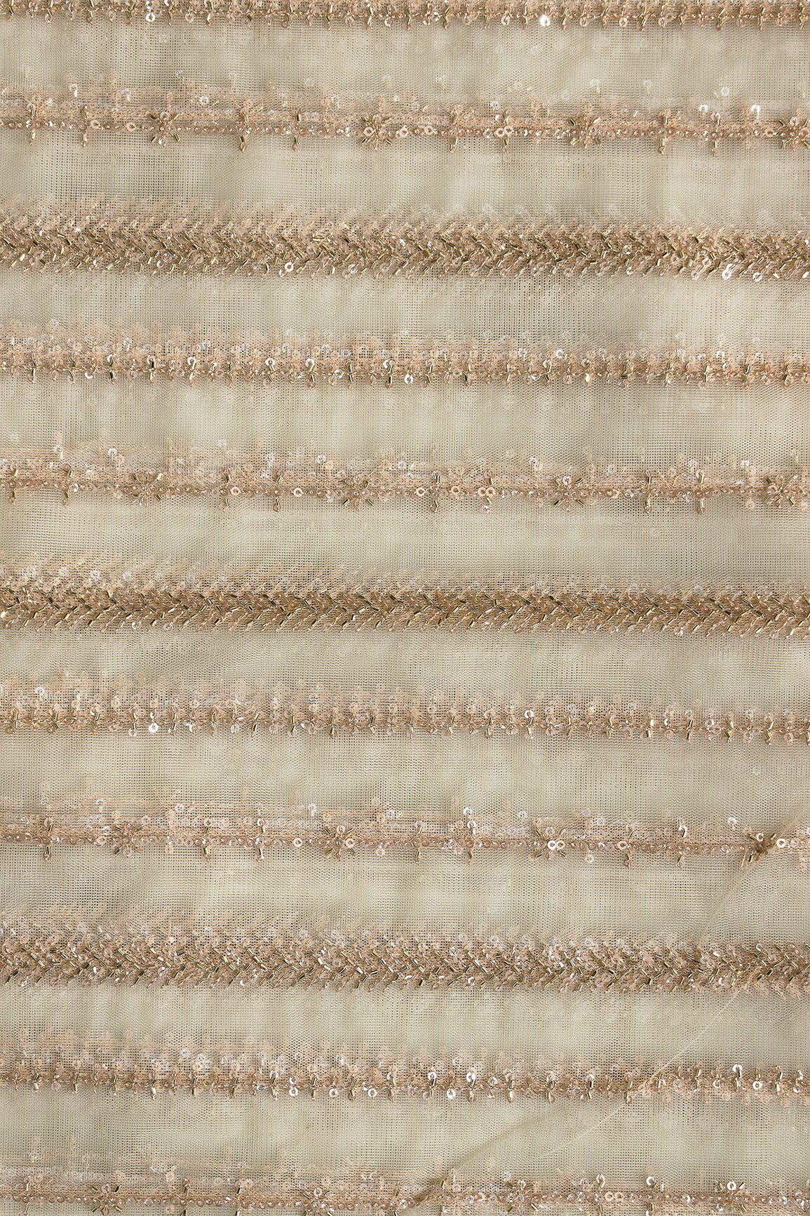 Gold Beads With Gold Sequins Beautiful Stripes Embroidery Work On Off White Soft Net Fabric