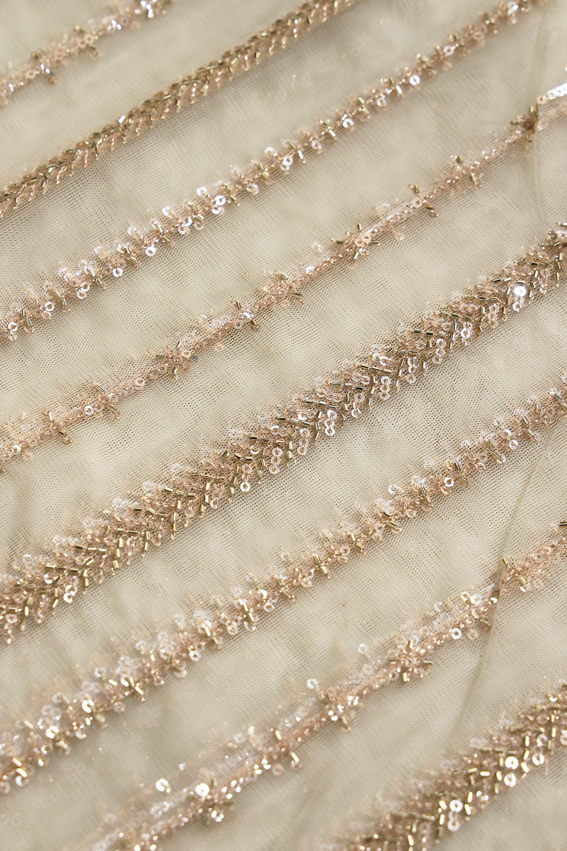 Gold Beads With Gold Sequins Beautiful Stripes Embroidery Work On Off White Soft Net Fabric