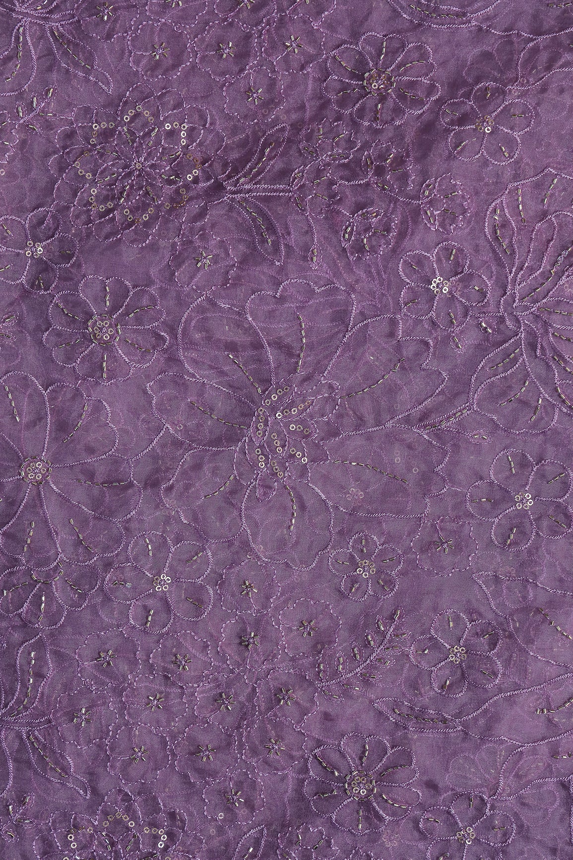 Lavender Thread & Beads With Sequins Floral Embroidery Work On Lavender Organza Fabric