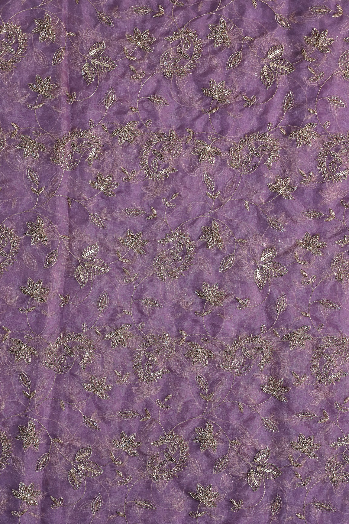 Gold Sequins & Beads With Zari Floral Leafy Paisley Embroidery Work On Lavender Organza Fabric