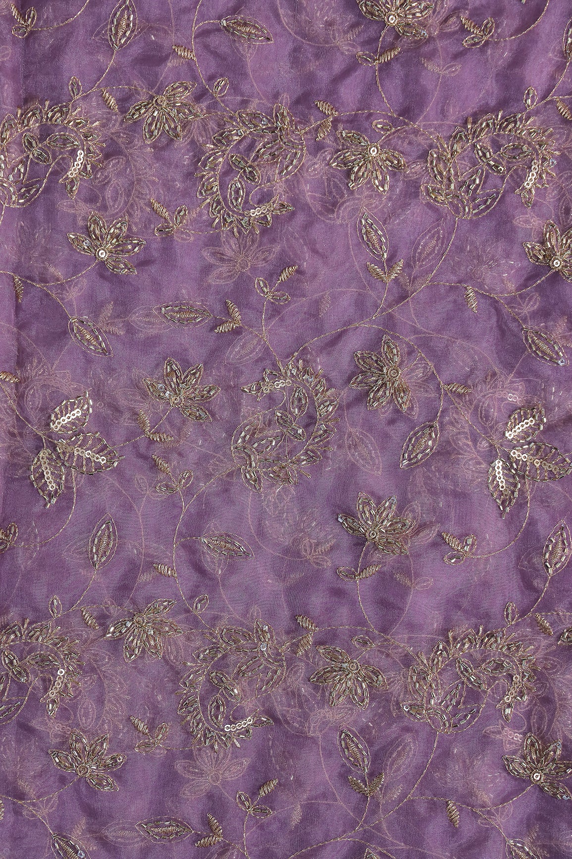 Gold Sequins & Beads With Zari Floral Leafy Paisley Embroidery Work On Lavender Organza Fabric