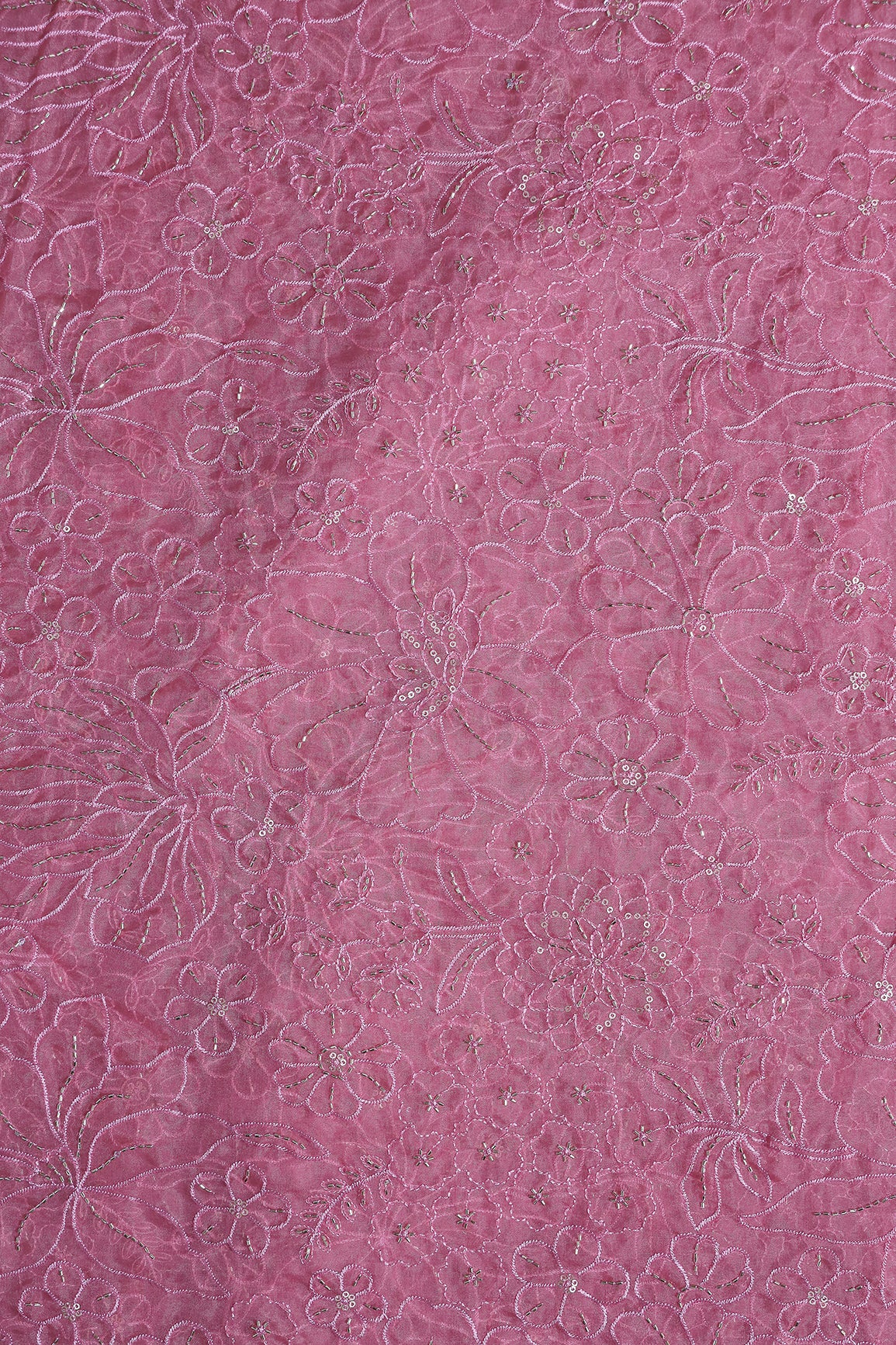 Dusty Rose Pink Thread & Beads With Sequins Floral Embroidery Work On Dusty Rose Pink Organza Fabric