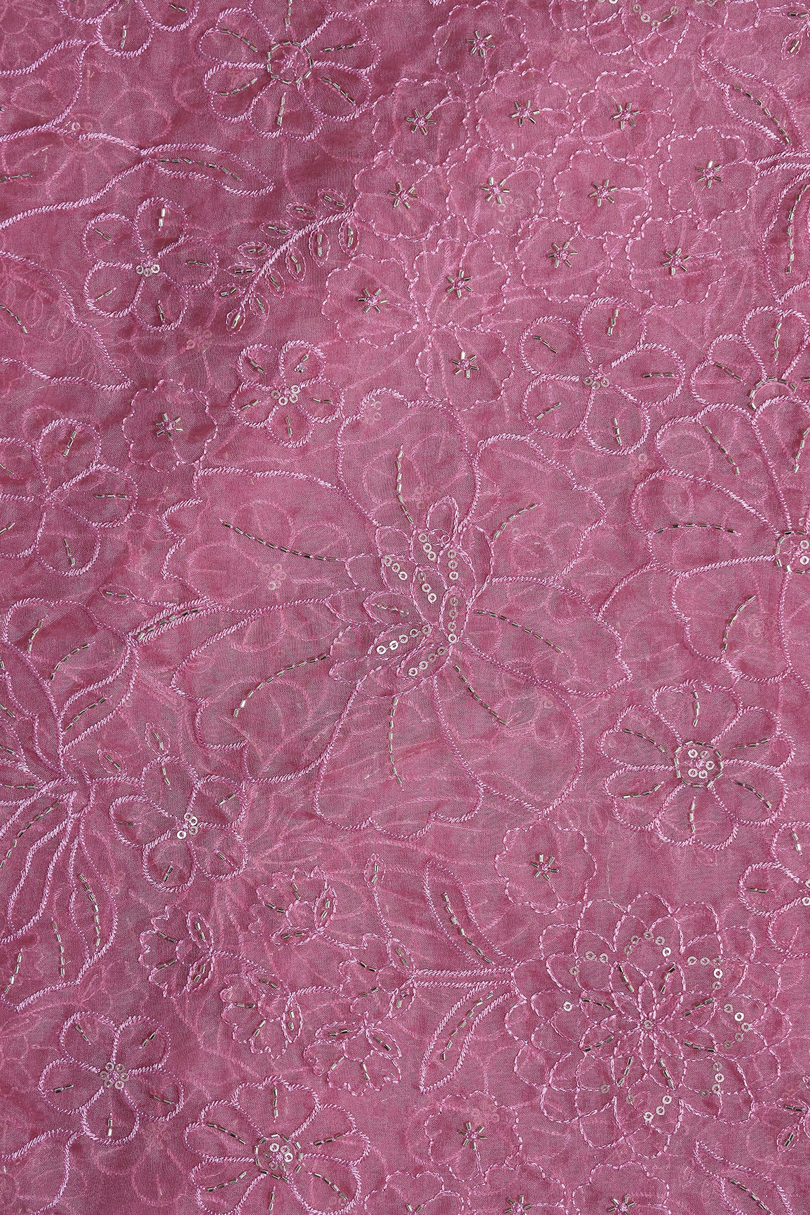 Dusty Rose Pink Thread & Beads With Sequins Floral Embroidery Work On Dusty Rose Pink Organza Fabric