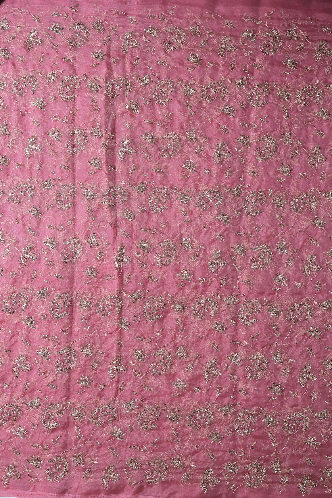 Gold Sequins & Beads With Zari Floral Leafy Paisley Embroidery Work On Dusty Rose Pink Organza Fabric