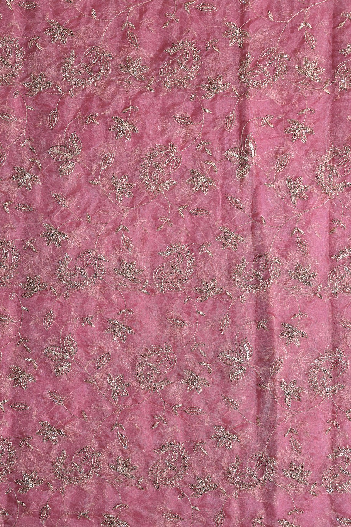 Gold Sequins & Beads With Zari Floral Leafy Paisley Embroidery Work On Dusty Rose Pink Organza Fabric