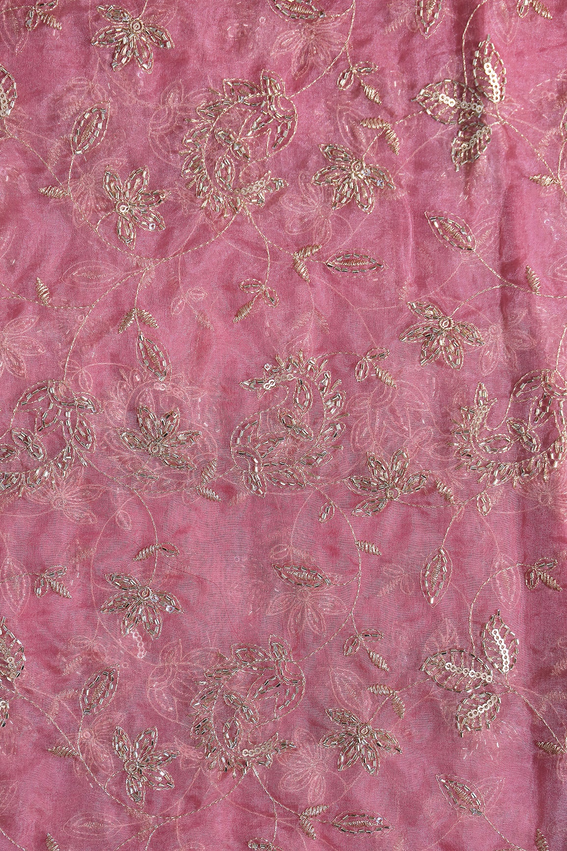 Gold Sequins & Beads With Zari Floral Leafy Paisley Embroidery Work On Dusty Rose Pink Organza Fabric