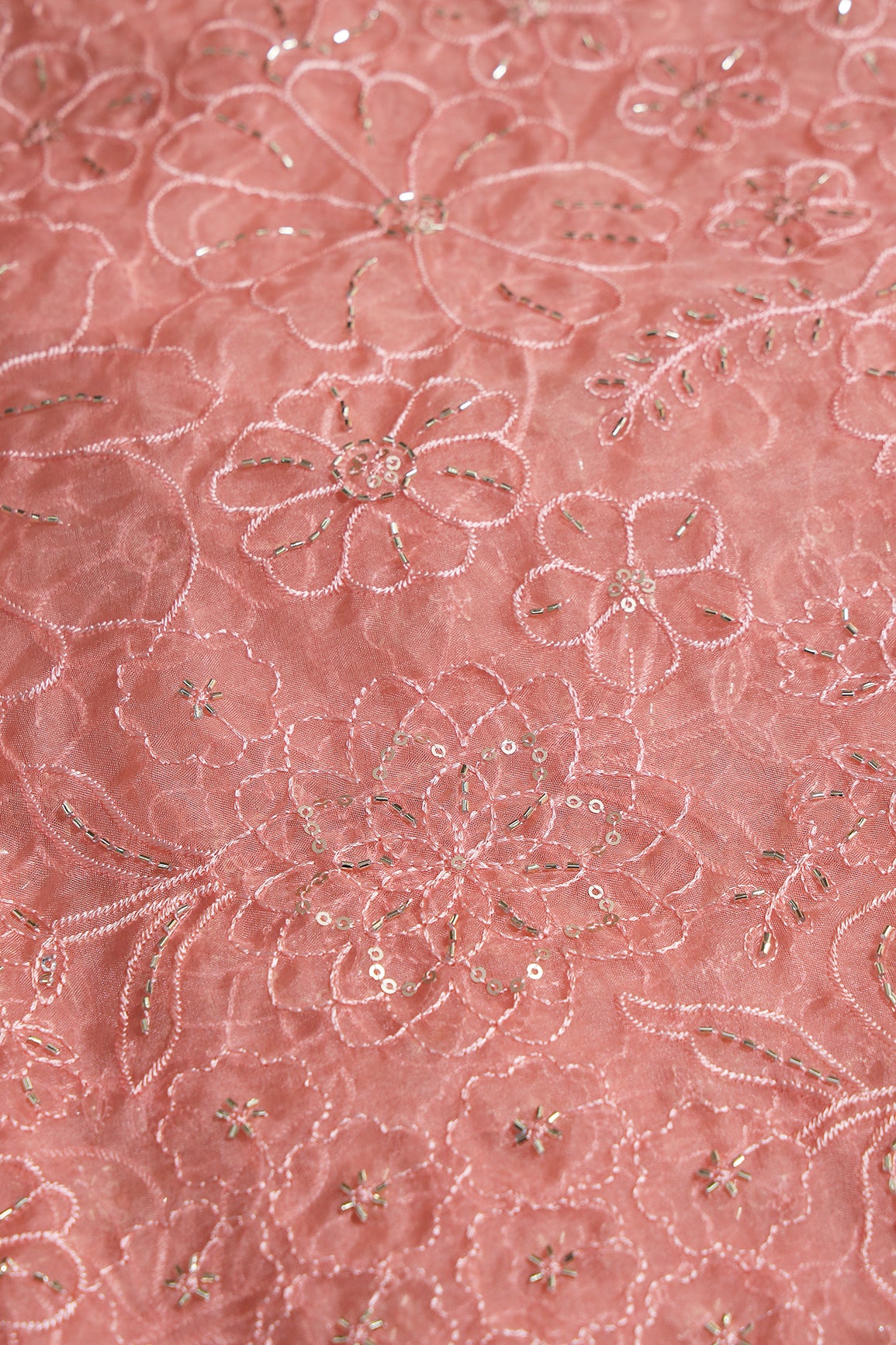 Peach Thread & Beads With Sequins Floral Embroidery Work On Peach Organza Fabric