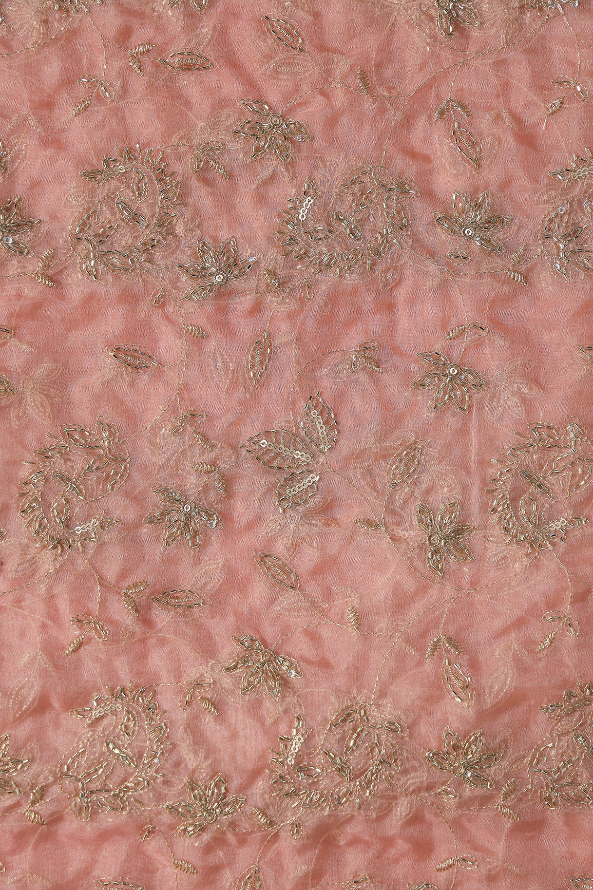 Gold Sequins & Beads With Zari Floral Leafy Paisley Embroidery Work On Peach Organza Fabric