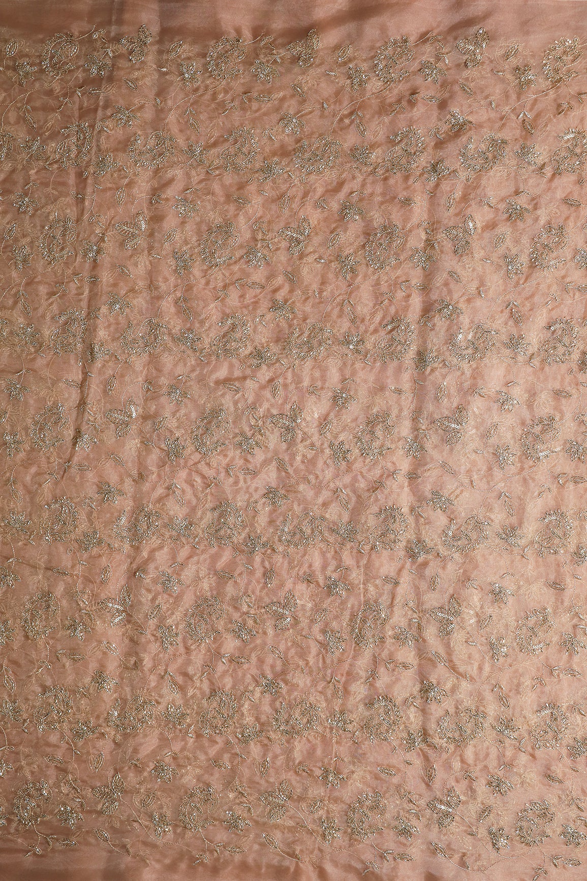 Gold Sequins & Beads With Zari Floral Leafy Paisley Embroidery Work On Light Brown Organza Fabric