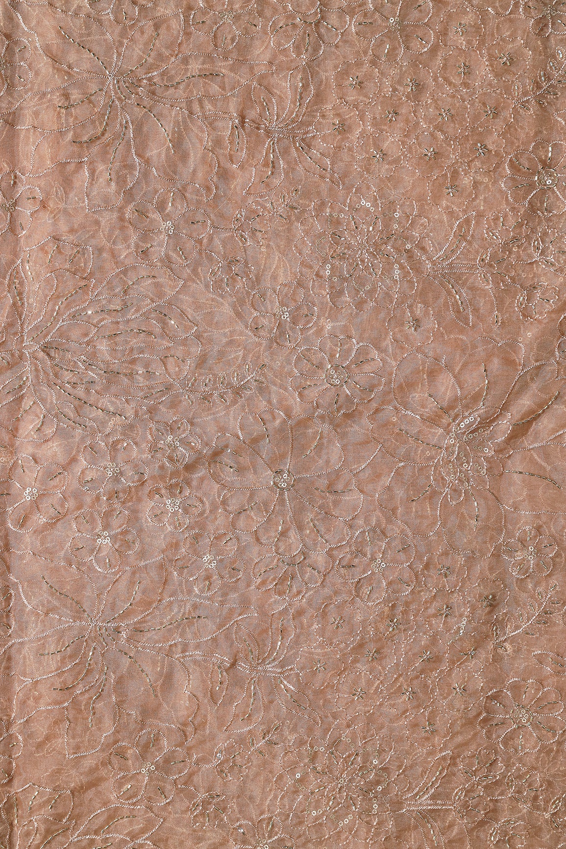 Light Brown Thread & Beads With Sequins Floral Embroidery Work On Light Brown Organza Fabric