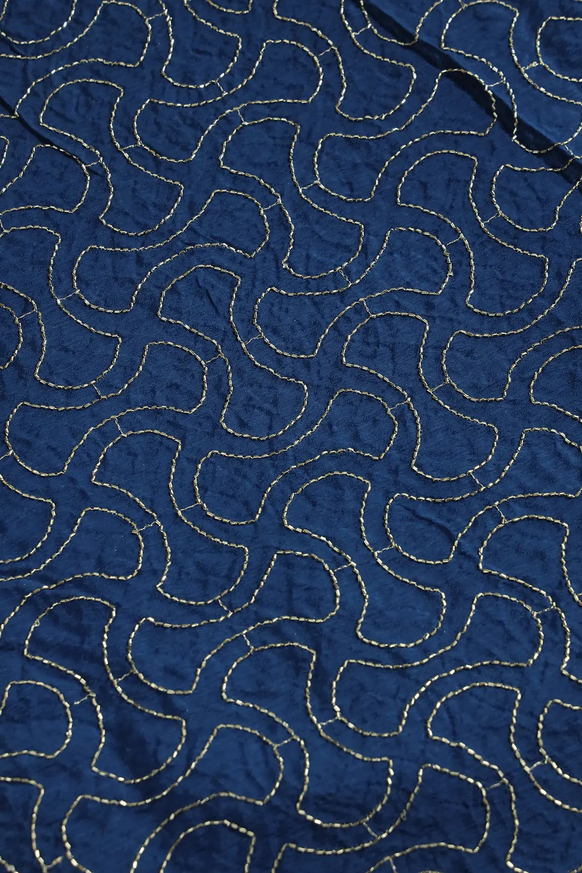 Cut Dana Beads Appealing Abstract Embroidery Work On Navy Blue Chinnon Chiffon Fabric