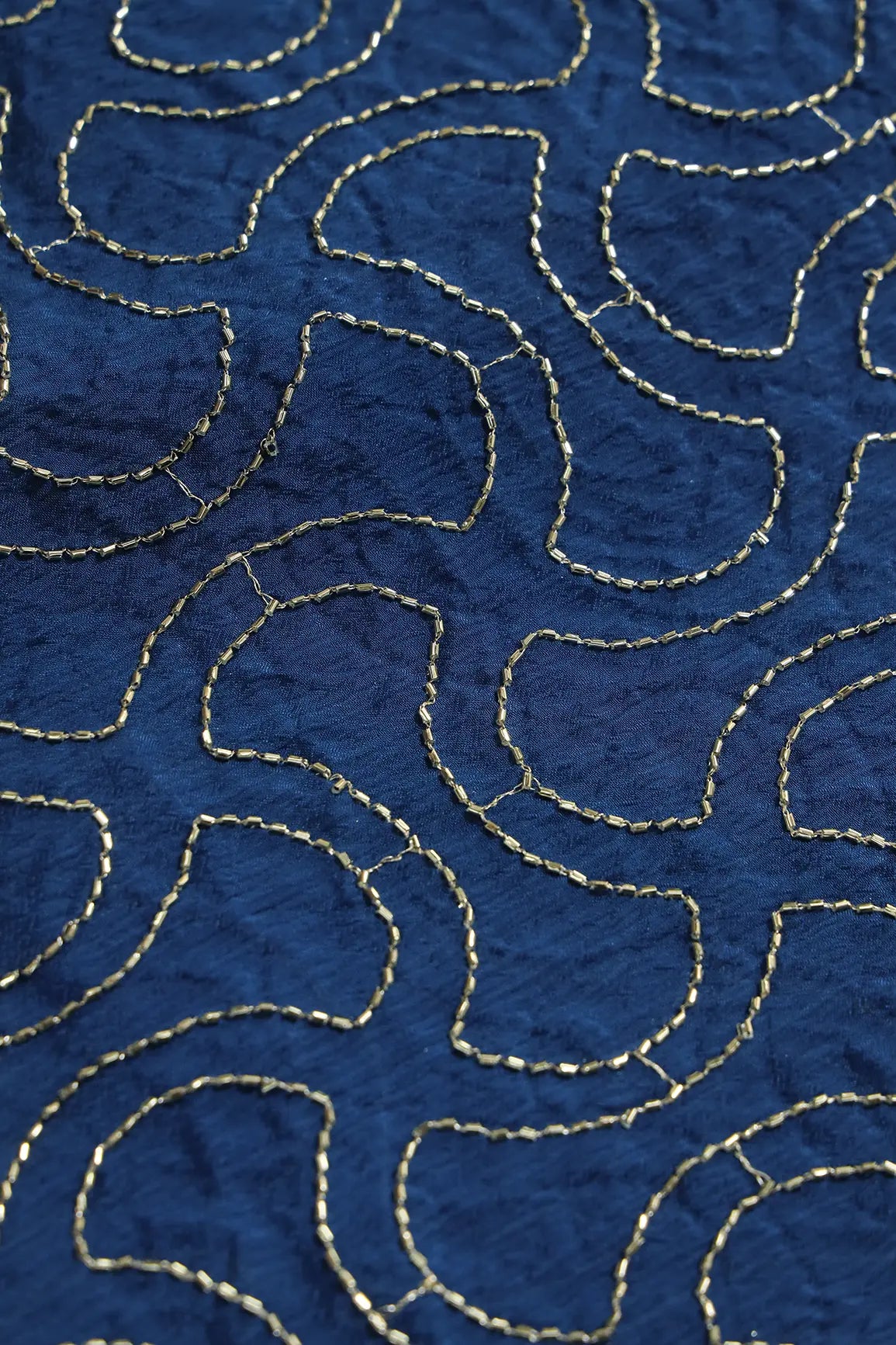 Cut Dana Beads Appealing Abstract Embroidery Work On Navy Blue Chinnon Chiffon Fabric