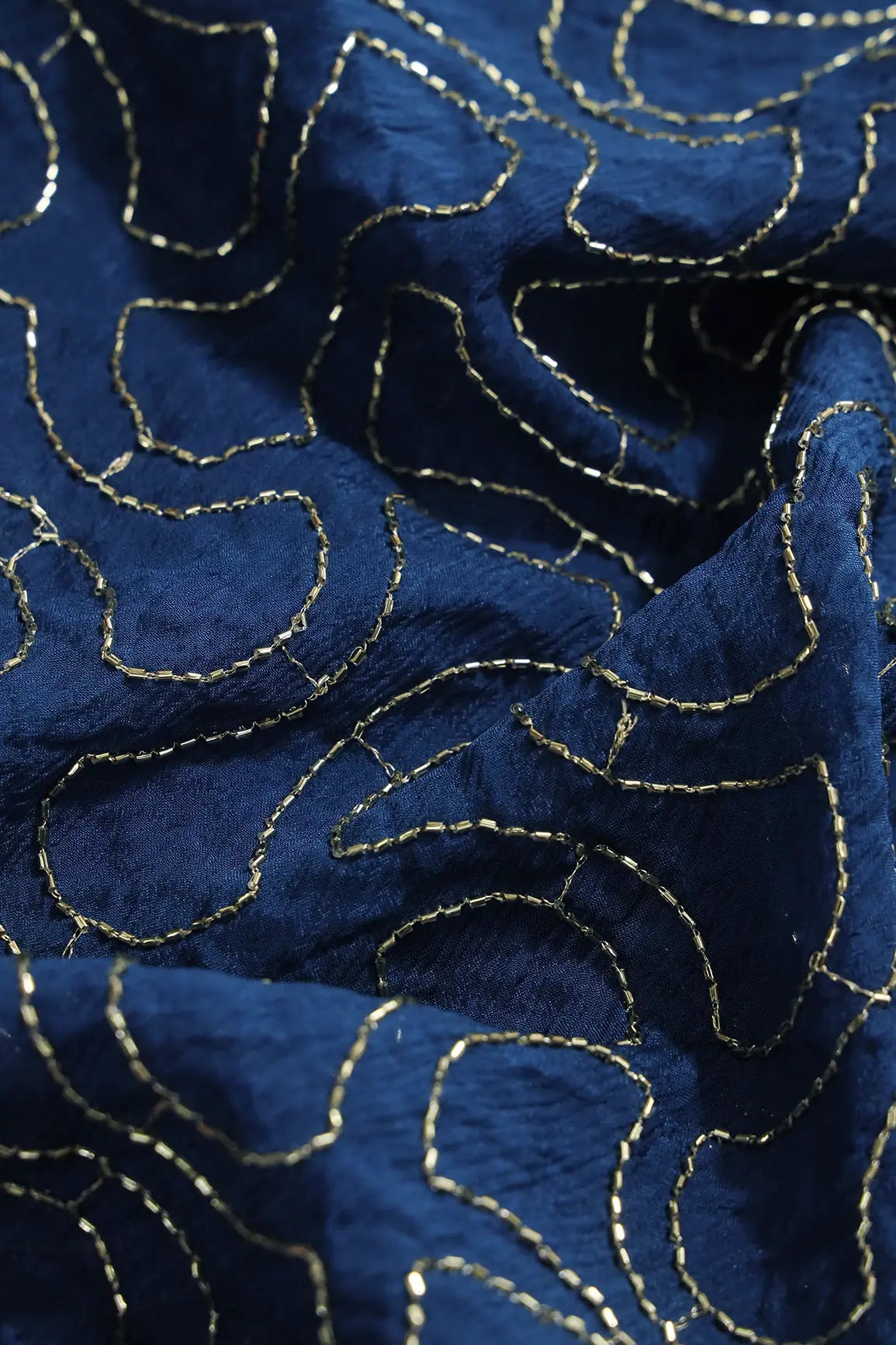 Cut Dana Beads Appealing Abstract Embroidery Work On Navy Blue Chinnon Chiffon Fabric