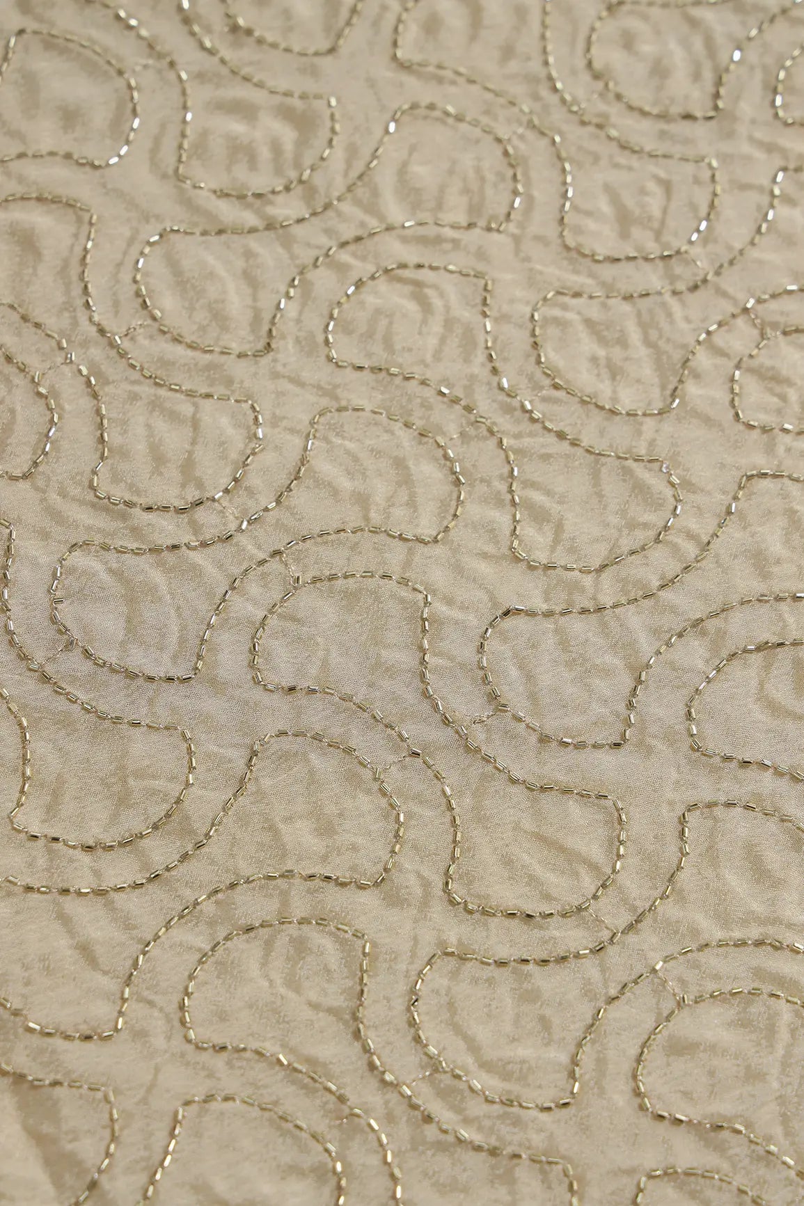 Cut Dana Beads Appealing Abstract Embroidery Work On Beige Chinnon Chiffon Fabric