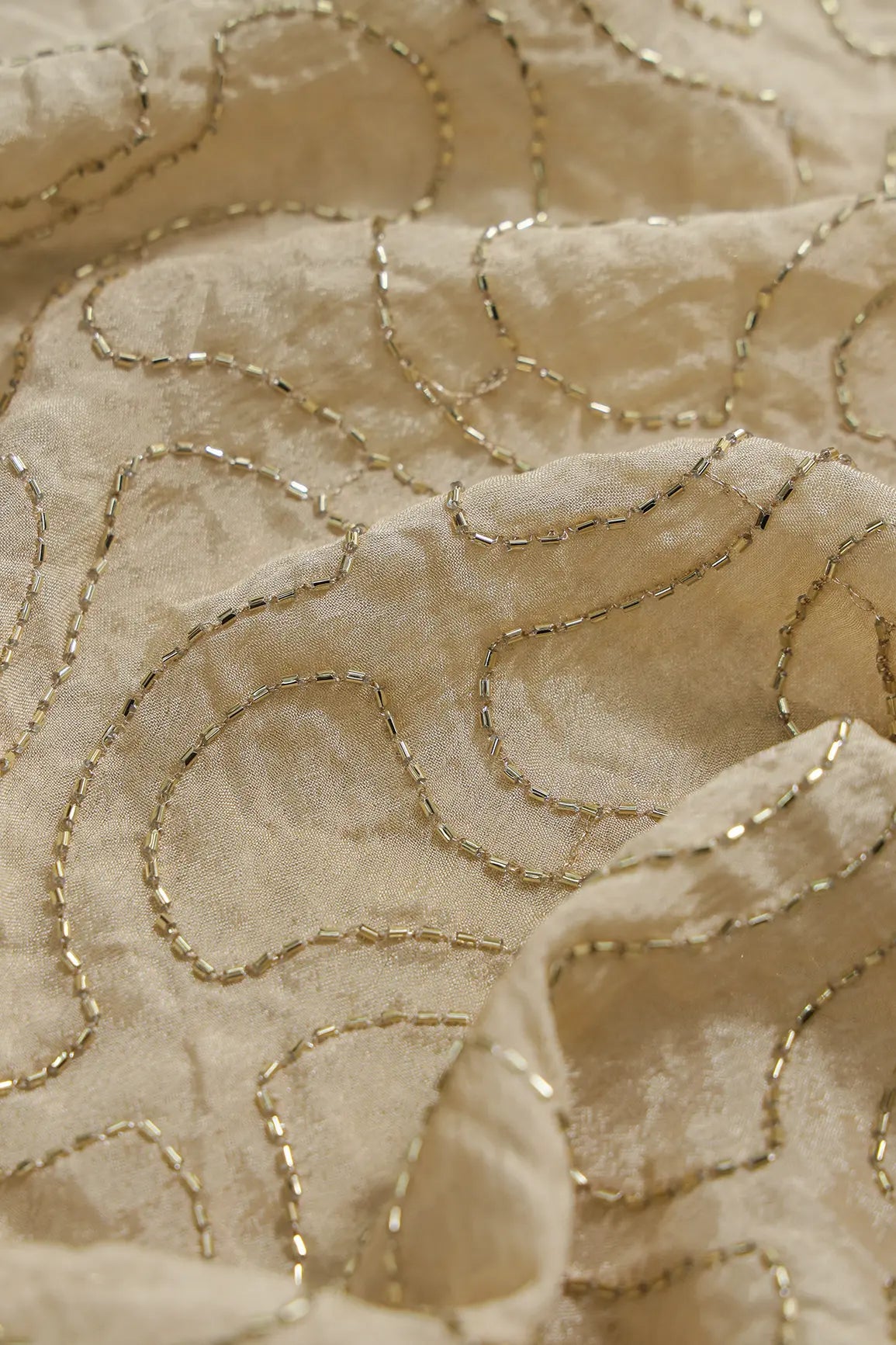 Cut Dana Beads Appealing Abstract Embroidery Work On Beige Chinnon Chiffon Fabric