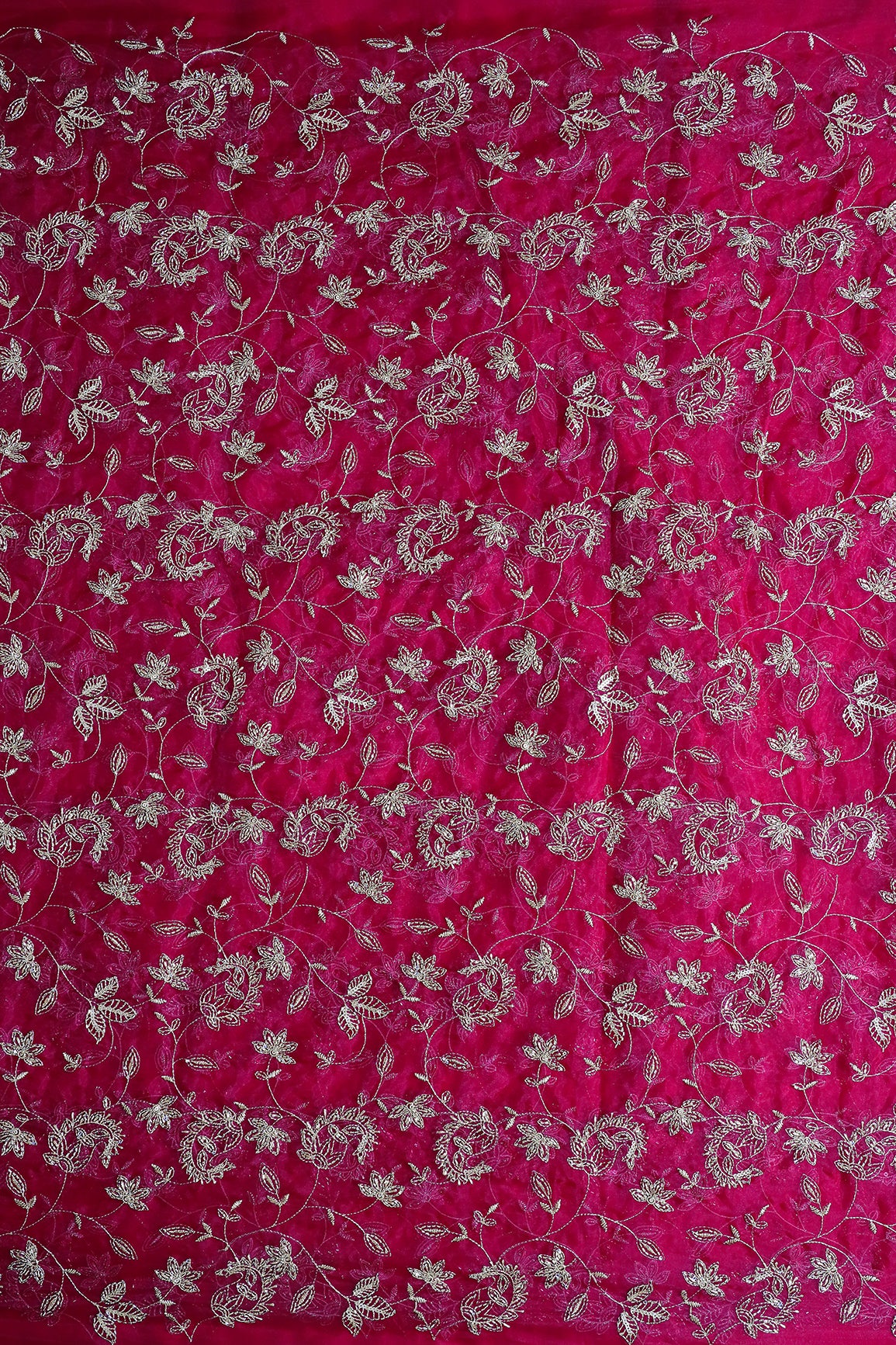 Gold Sequins & Beads With Zari Floral Leafy Paisley Embroidery Work On Rani Organza Fabric