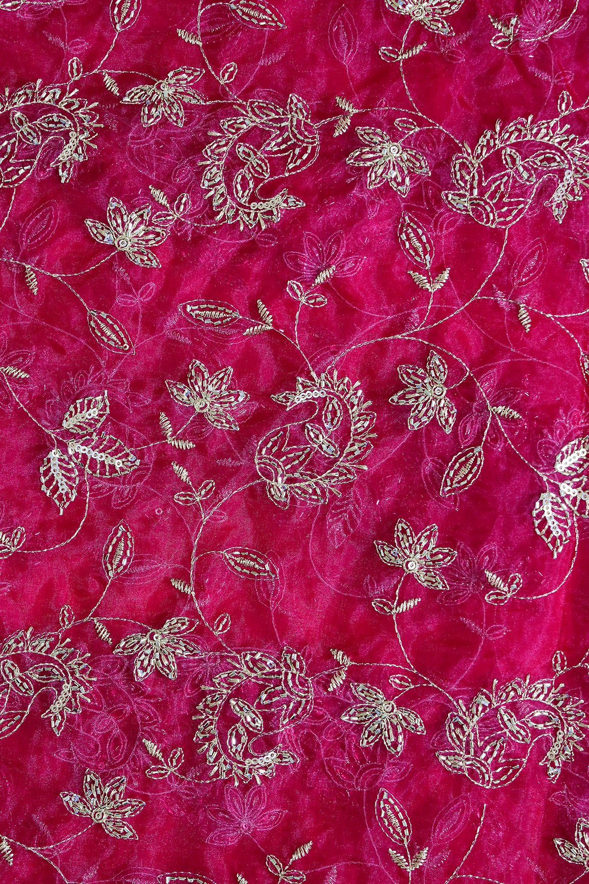 Gold Sequins & Beads With Zari Floral Leafy Paisley Embroidery Work On Rani Organza Fabric