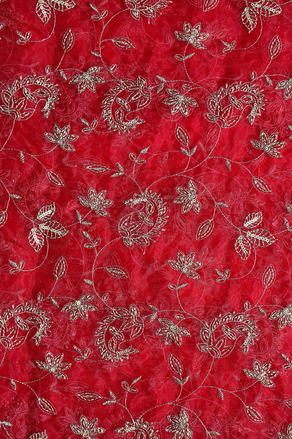 Gold Sequins & Beads With Zari Floral Leafy Paisley Embroidery Work On Red Organza Fabric