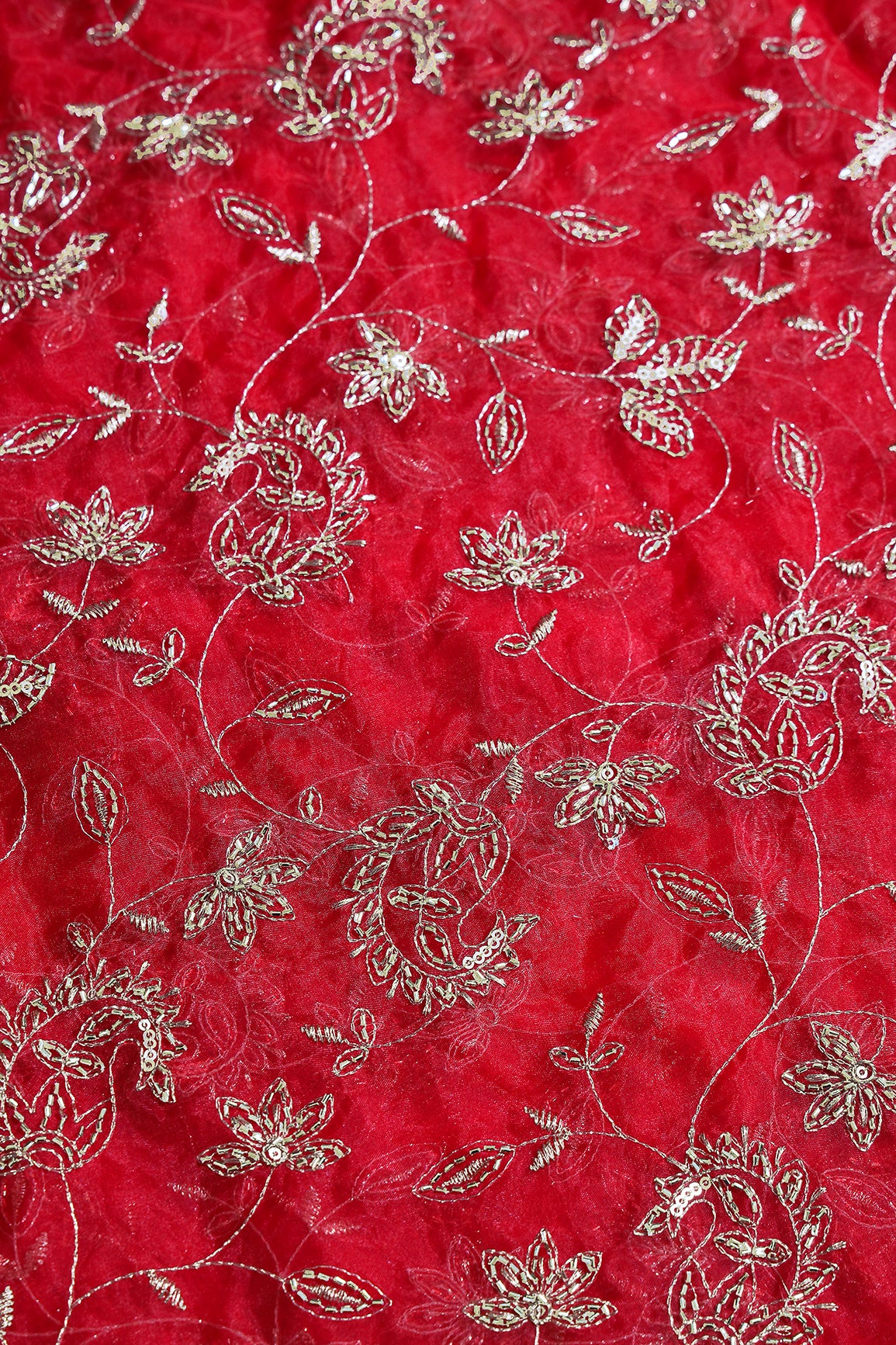 Gold Sequins & Beads With Zari Floral Leafy Paisley Embroidery Work On Red Organza Fabric