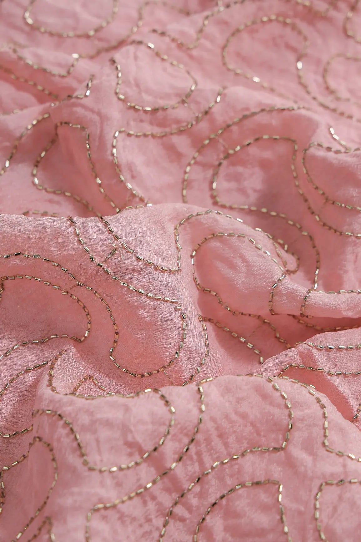 Cut Dana Beads Appealing Abstract Embroidery Work On Baby Pink Chinnon Chiffon Fabric