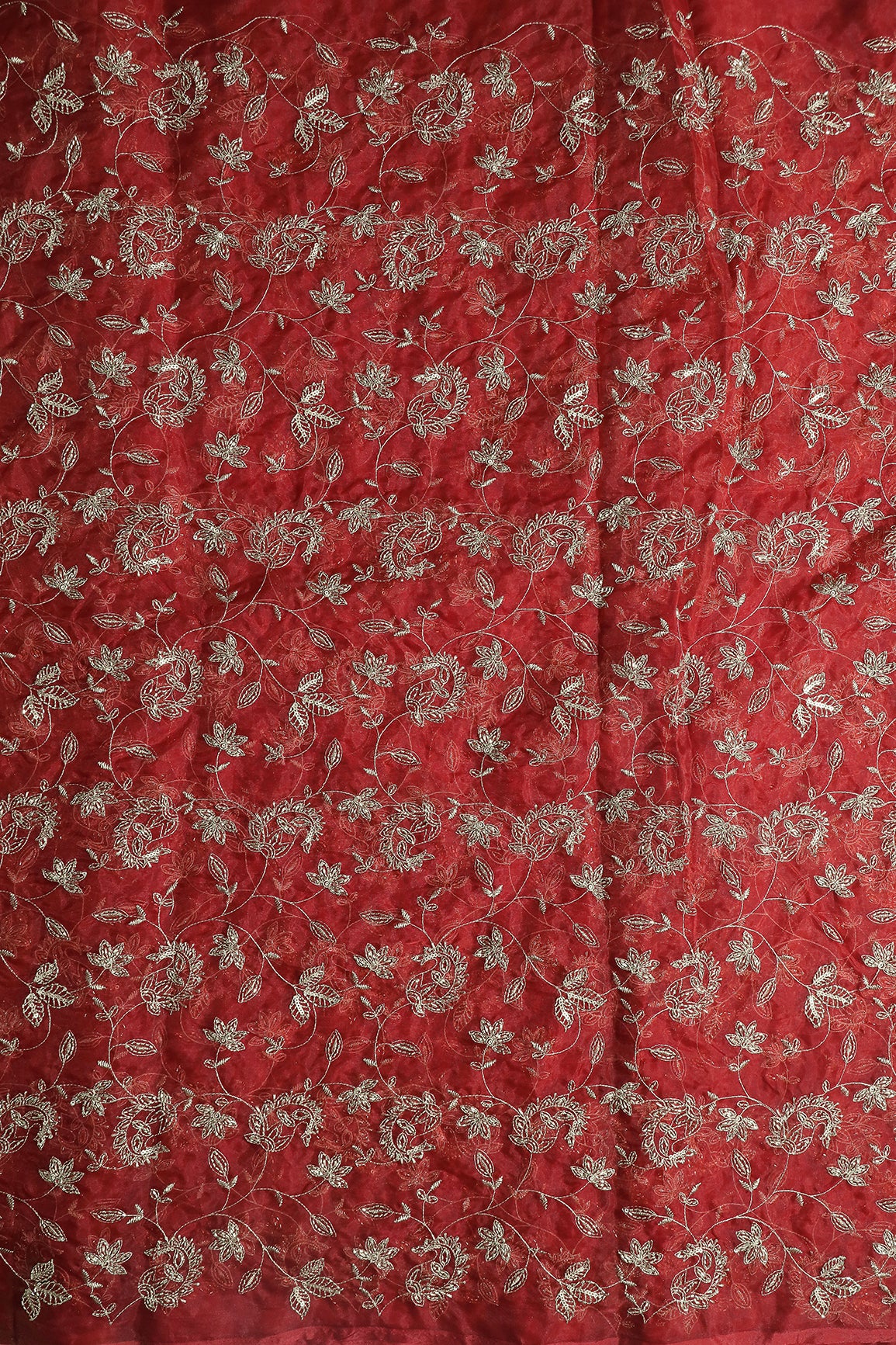 Gold Sequins & Beads With Zari Floral Leafy Paisley Embroidery Work On Rust Organza Fabric