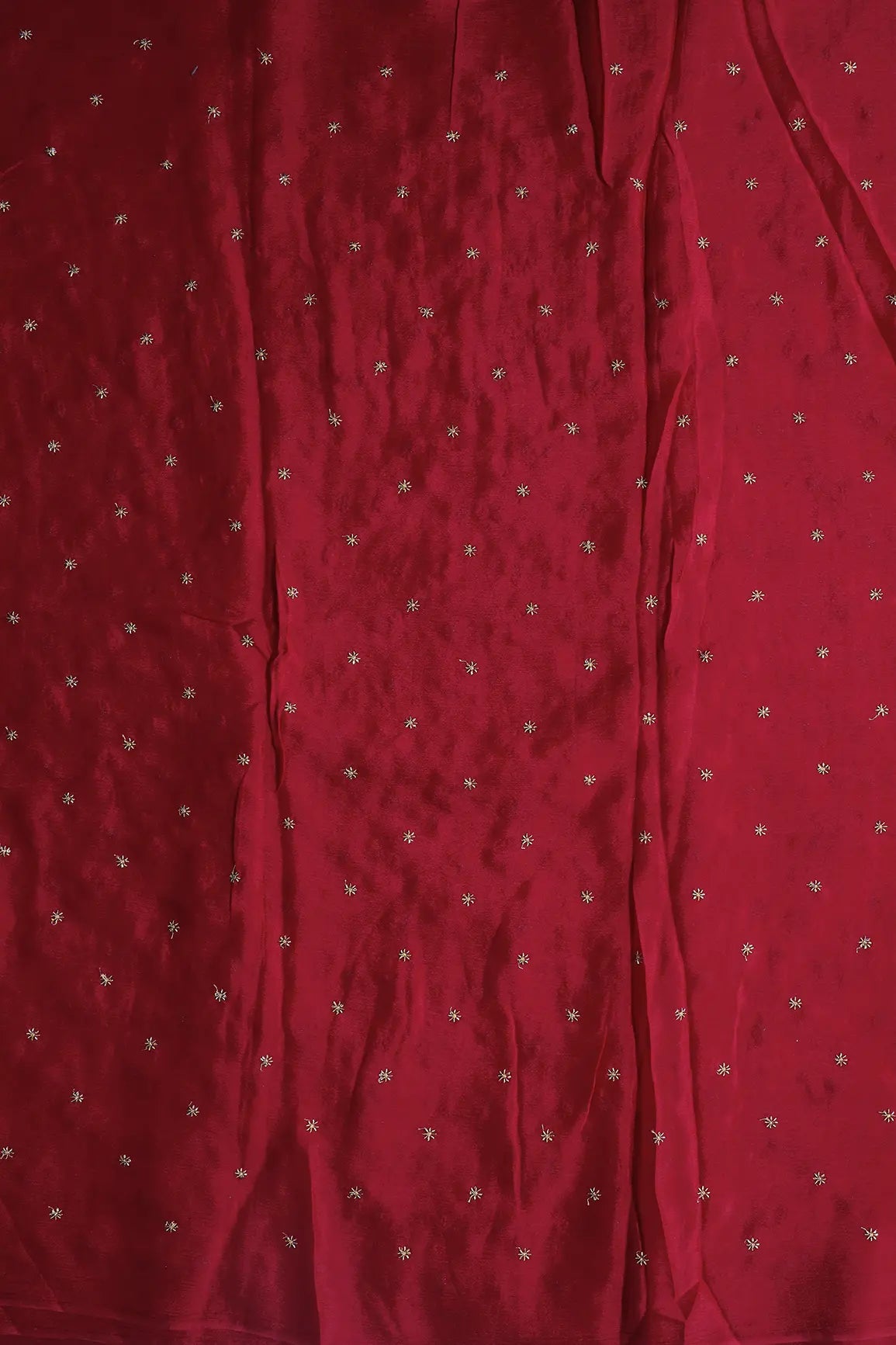 Gold Beads Cut Dana Motif Embroidery Work On Red Chinnon Chiffon Fabric
