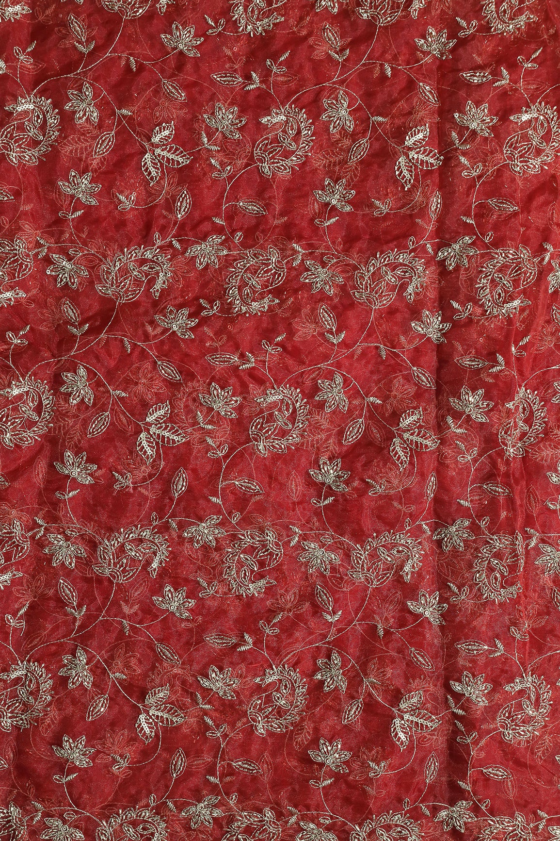 Gold Sequins & Beads With Zari Floral Leafy Paisley Embroidery Work On Rust Organza Fabric