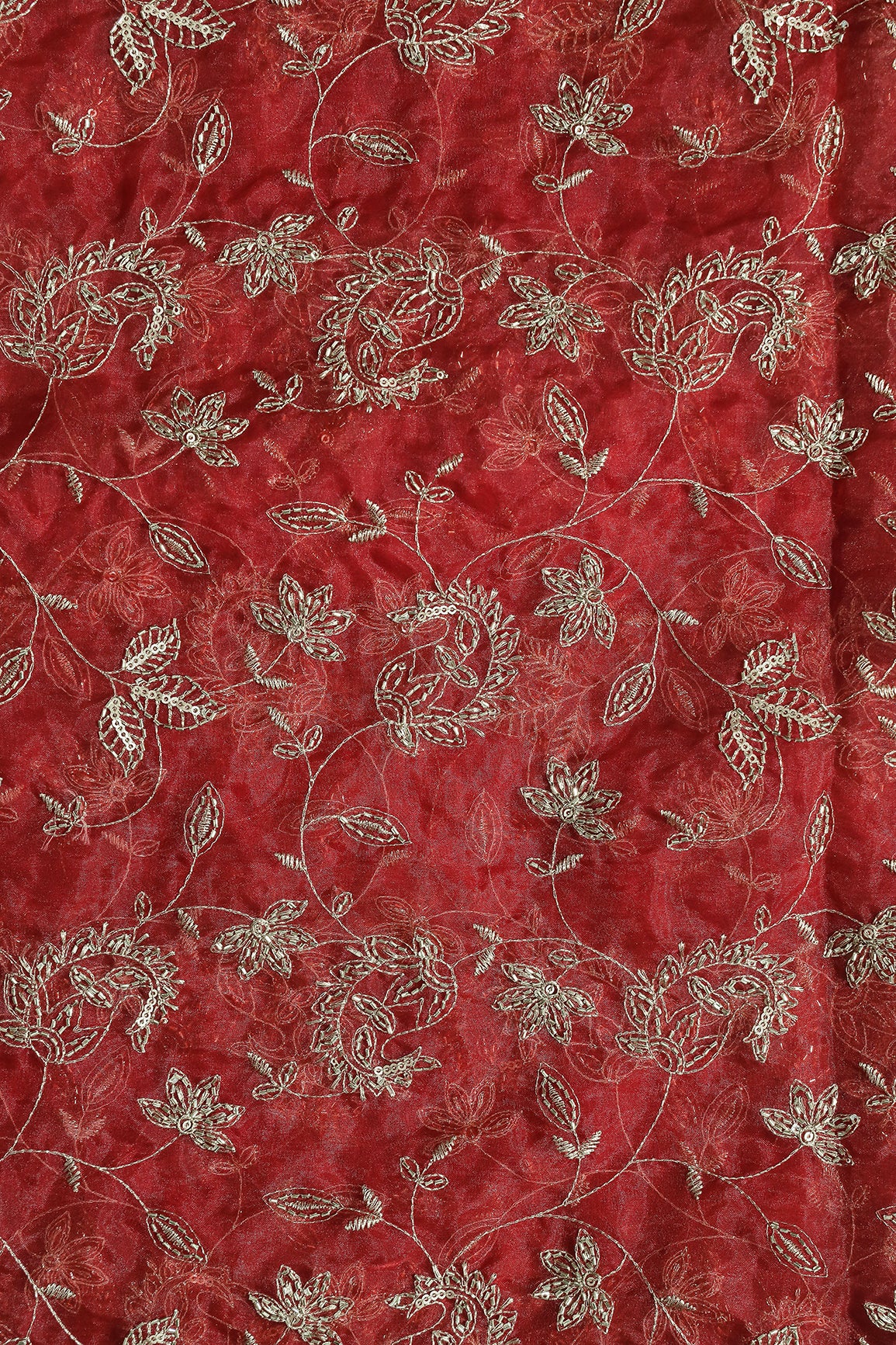 Gold Sequins & Beads With Zari Floral Leafy Paisley Embroidery Work On Rust Organza Fabric