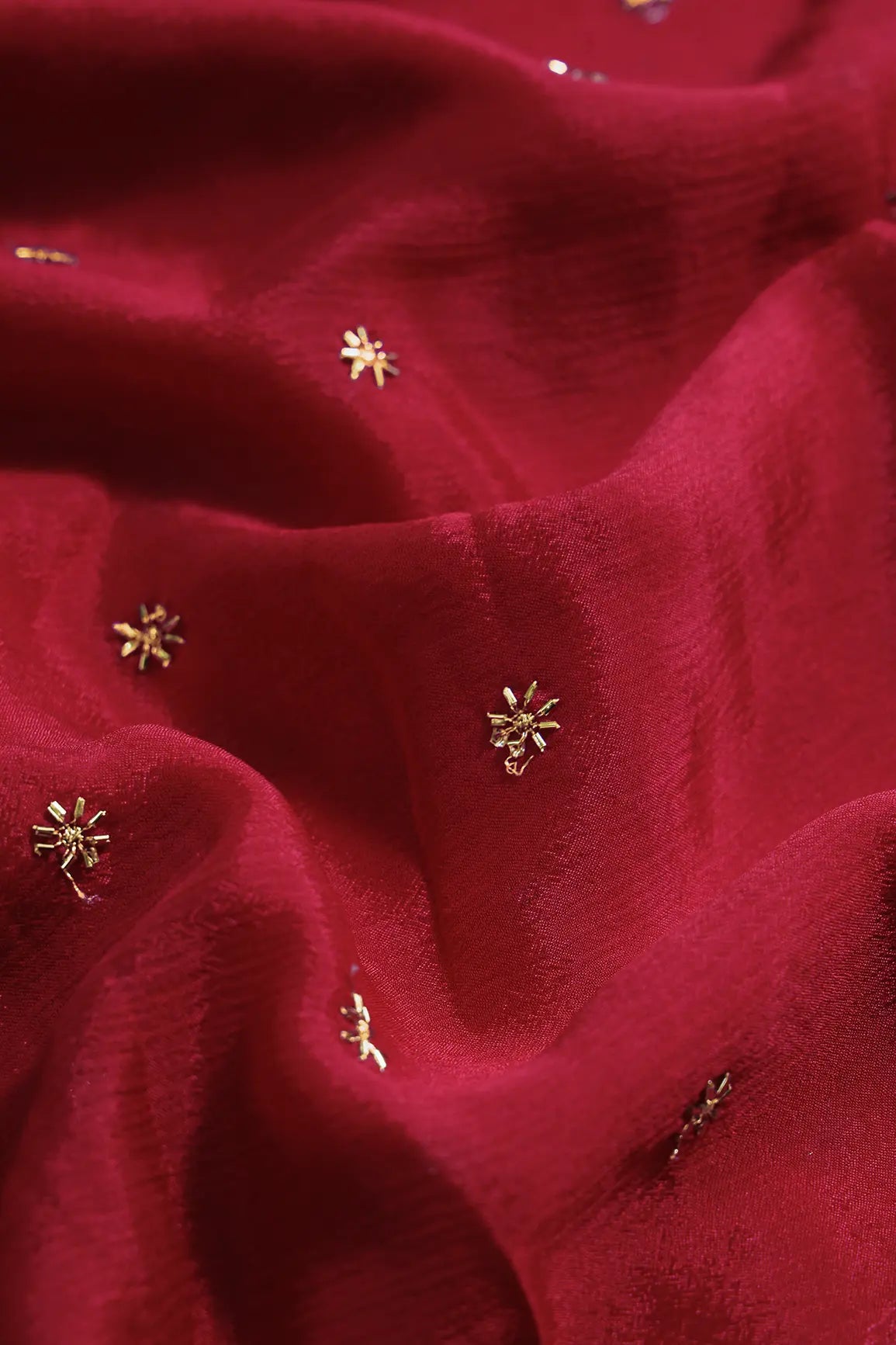 Gold Beads Cut Dana Motif Embroidery Work On Red Chinnon Chiffon Fabric