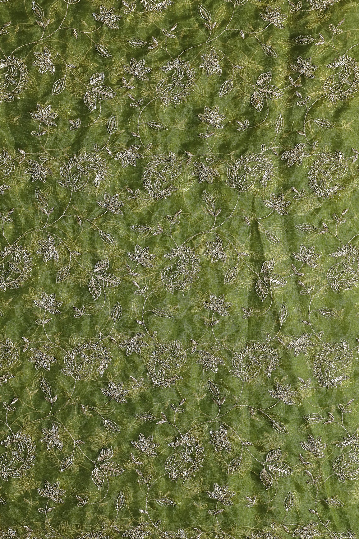 Gold Sequins & Beads With Zari Floral Leafy Paisley Embroidery Work On Green Organza Fabric